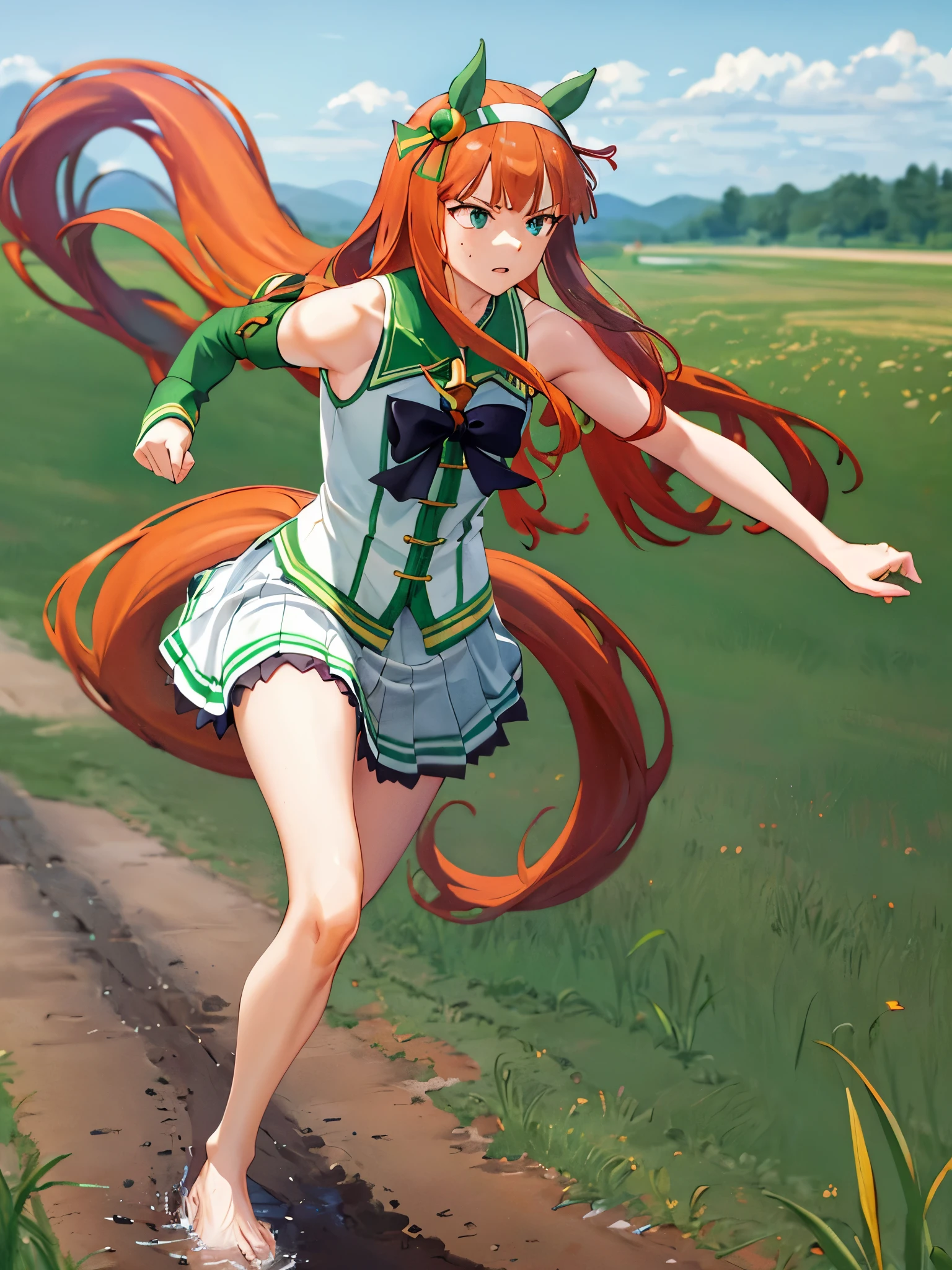 masterpiece, highest quality, full nude,running figure, Whole body wide angle, serious expression, silence suzuka \(umamusume\), white skirt, pleated skirt, (barefoot), ((((No sleeve)))), black bow, flowing grass,(sleeveless),