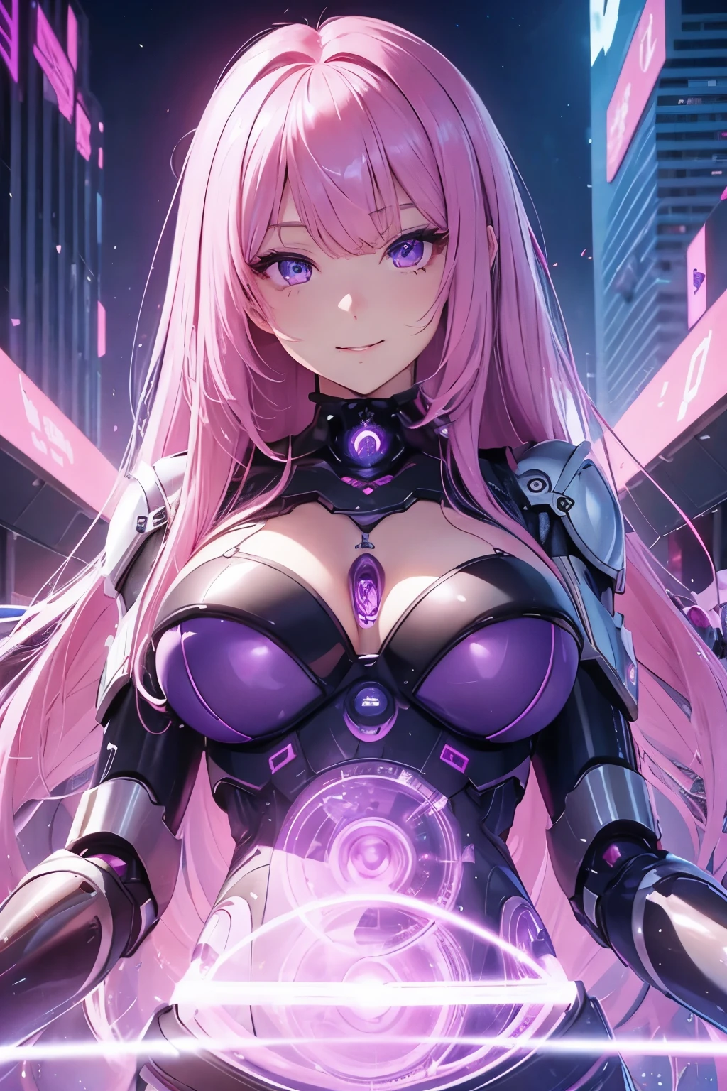 1girl (masterpiece, round_iris, extremely crisp crystalline shiny purple eyes, perfect_anatomy, extremely_captivating_hypnotic_mystic_eyes, ) perfect face, long pink hair, smiling evil, big breasts, robot, robot outfit, cyberpunk, city, best quality, 4k