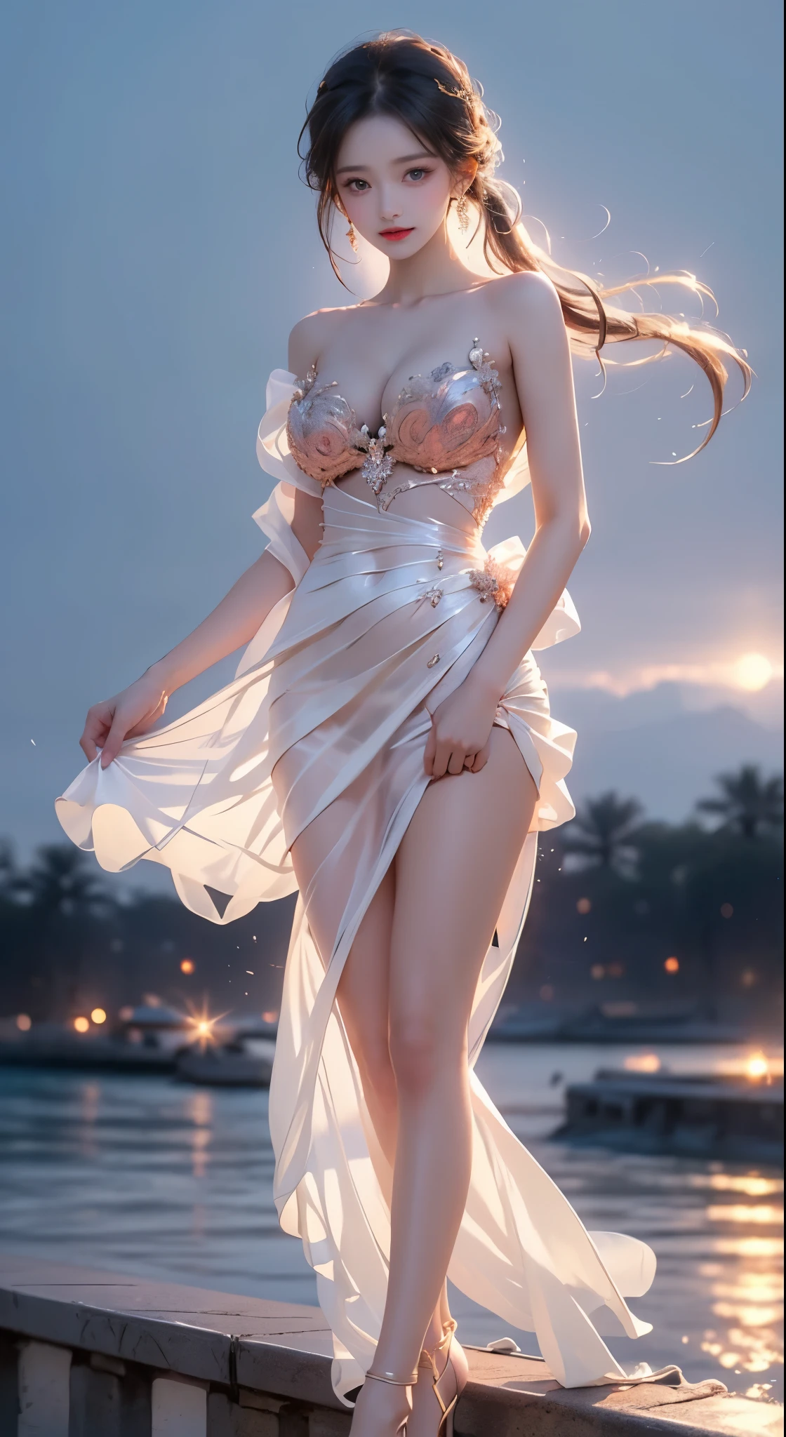 glowing, (masterpiece, best quality:1.2), 1girl, solo, ((bare shoulders)), ((whole body)), actual, Fashion girl, red lips, mature women, beautiful妆容, big eyes, beautiful eyes, (best quality, masterpiece:1.2), super detailed, (actual:1.37), ((Sexy beautiful legs)), slim body, slender legs, beautiful, Young and energetic, Charming model, leg mold, big breasts, cleavage, The skirt is short, ((on the stairs, leaning against guardrail)), (exquisite eyes), Show a bright smile, Create stunning girl images, warm color, Extremely high color saturation, official art, Extremely detailed CG unified 8k wallpaper,(high dynamic range :1.4), (cinematic),(pastel colors, The color is dull, soothing tone :1.3), (natural skin texture, ultra-actual, soft light, sharp),(Very detailed), correct, 解剖学correct, correct的手, correct的腿