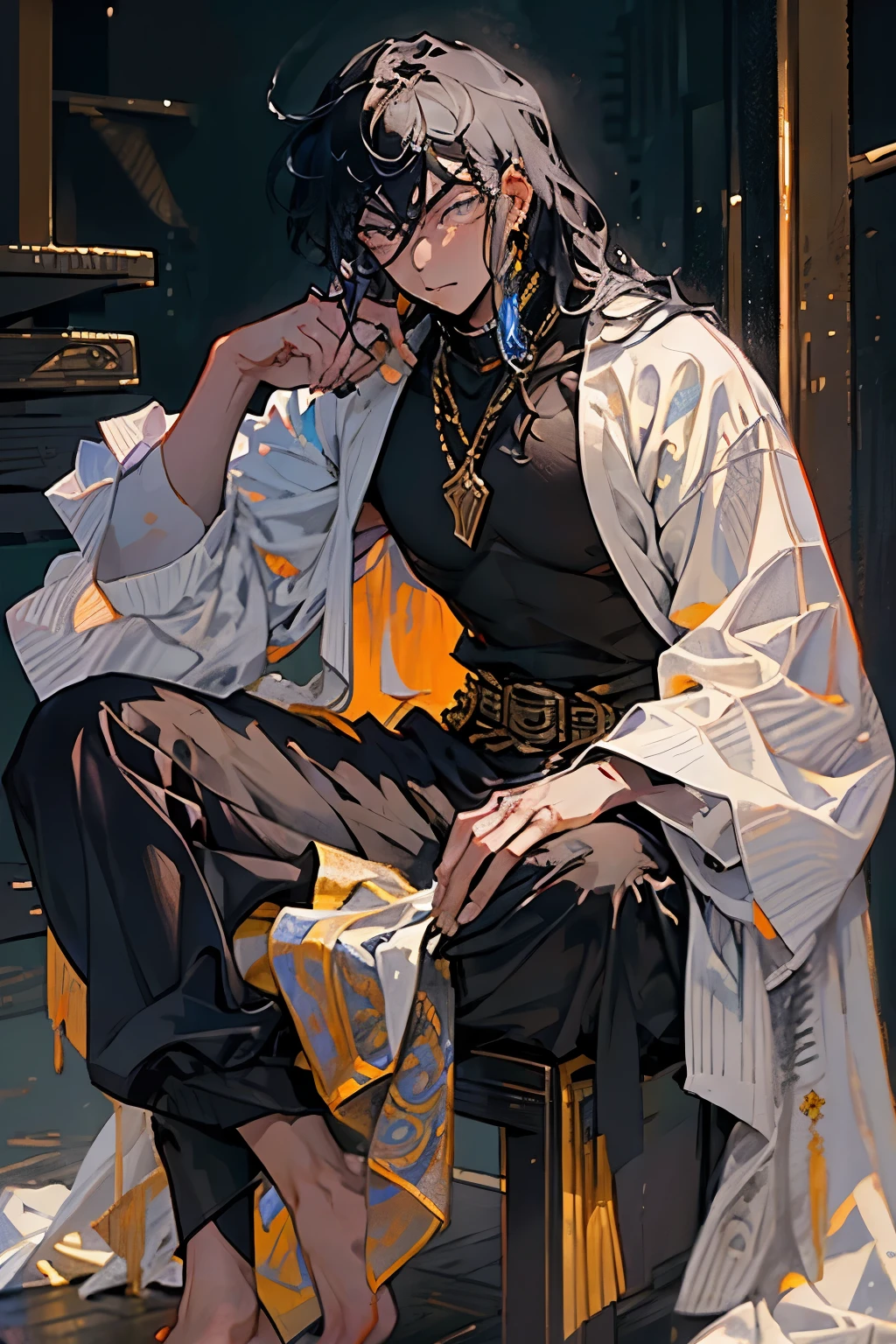 young boy,masterpiece,best quality,Handsome,golden eyes,Exquisite eyes and detailed face,sit on the throne,cold and arrogant,ruffian,Show your temperament,male,male魅力,messy long hair,arrogant,confident,meditation,Handsome,There are tiny blue stripes on the clothes,cool,black collar,