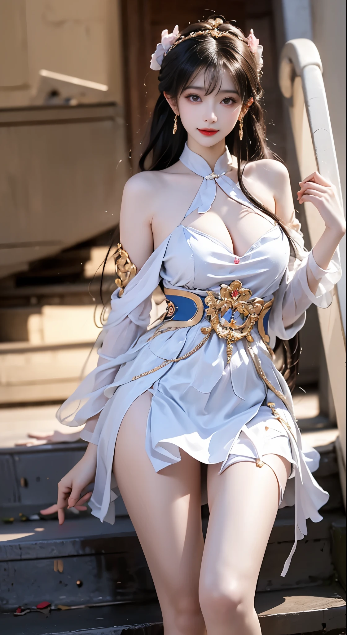 yinziping,china dresasterpiece, best quality:1.2), 1girl, solo, ((bare shoulders)), ((whole body)), actual, Fashion girl, red lips, mature women, beautiful妆容, big eyes, beautiful eyes, (best quality, masterpiece:1.2), super detailed, (actual:1.37), ((Sexy beautiful legs)), slim body, slender legs, beautiful, Young and energetic, Charming model, leg mold, big breasts, cleavage, The skirt is short, ((on the stairs, leaning against guardrail)), (exquisite eyes), Show a bright smile, Create stunning girl images, warm color, Extremely high color saturation, official art, Extremely detailed CG unified 8k wallpaper,(high dynamic range :1.4), (cinematic),(pastel colors, The color is dull, soothing tone :1.3), (natural skin texture, ultra-actual, soft light, sharp),(Very detailed), correct, 解剖学correct, correct的手, correct的腿