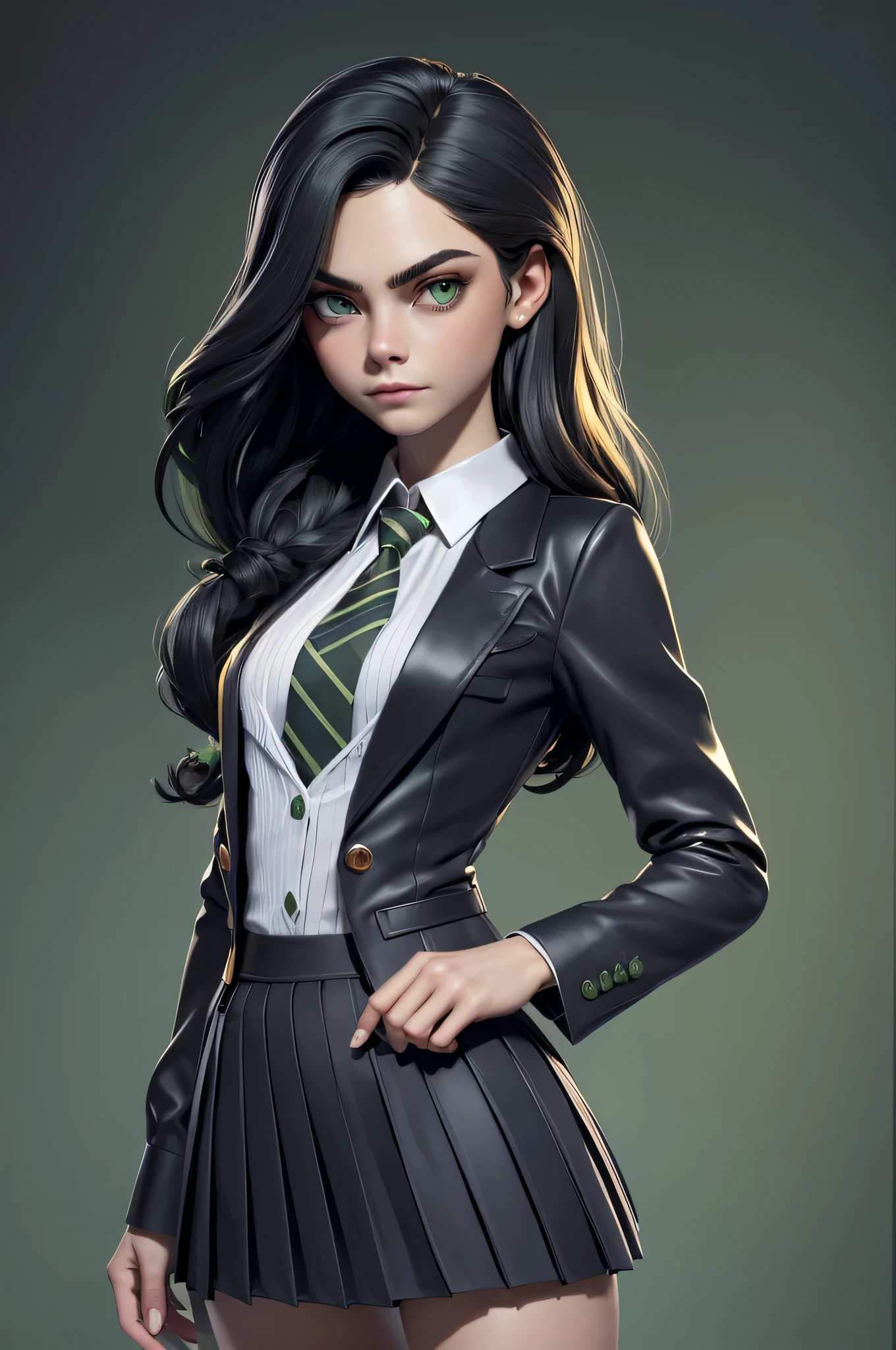 SKS woman, Cara Delevingne, 16 years, gynoid physics, (One:1.1), Cara Delevingne, perfect face, (((night skirt suit))), (((pleated school miniskirt))), (((night color jacket))), (((Silk tie))), Windsor tie, (((White shirt))), cup size E, big bust, (((Night color miniskirt with 1 horizontal gold stripe))), One focus, fully dressed, elegantly dressed, tranquility, Elegant hairstyle, long hair, (((black hair with a green tinge))), (((Green eyes))), beautiful detailed eyes，bright students，（very good and beautiful），（Beautiful and detailed description of the eyes), [[gentle fingers and hands:0.55]::0.85], (detail fingers), Facing the camera, (Background with：school corridor，mystical atmosphere), (Illustration, cartoon, Masterpiece, very detailed, Best quality，cinematic lighting，muted colors, detailed background, A high resolution)