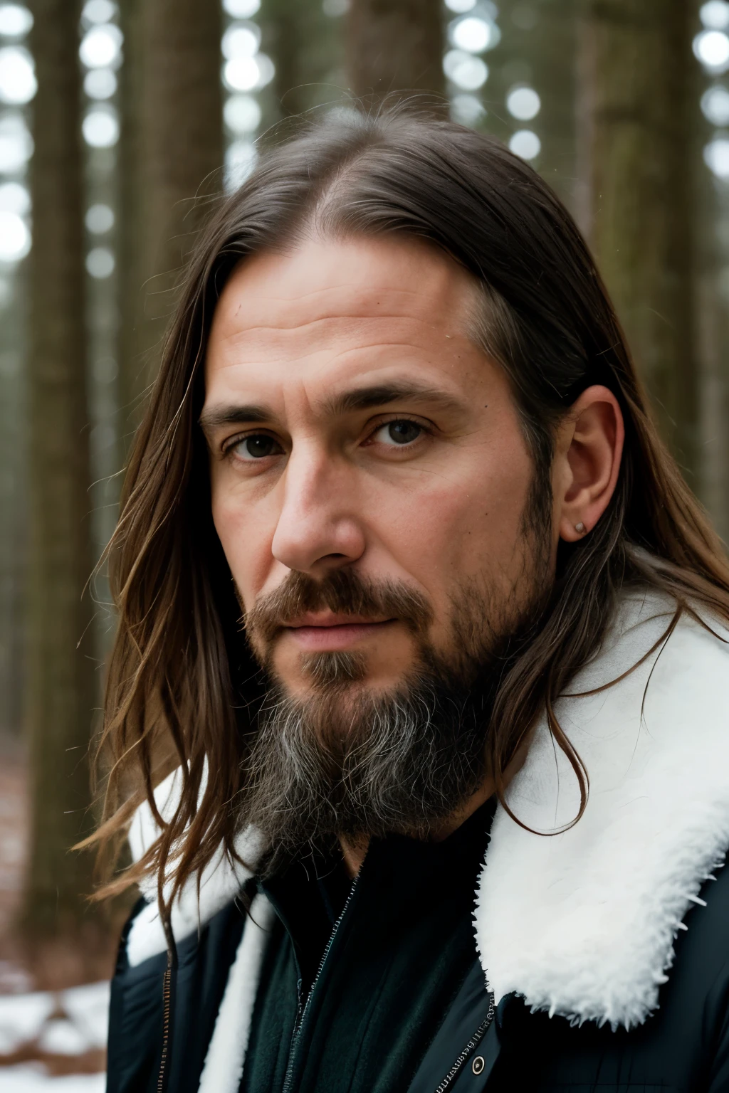 photo portrait of 50 yo man, eye contact, long hair, winter forest on background, realism, photorealism, hyperrealism, (insane details:1.3), 35mm