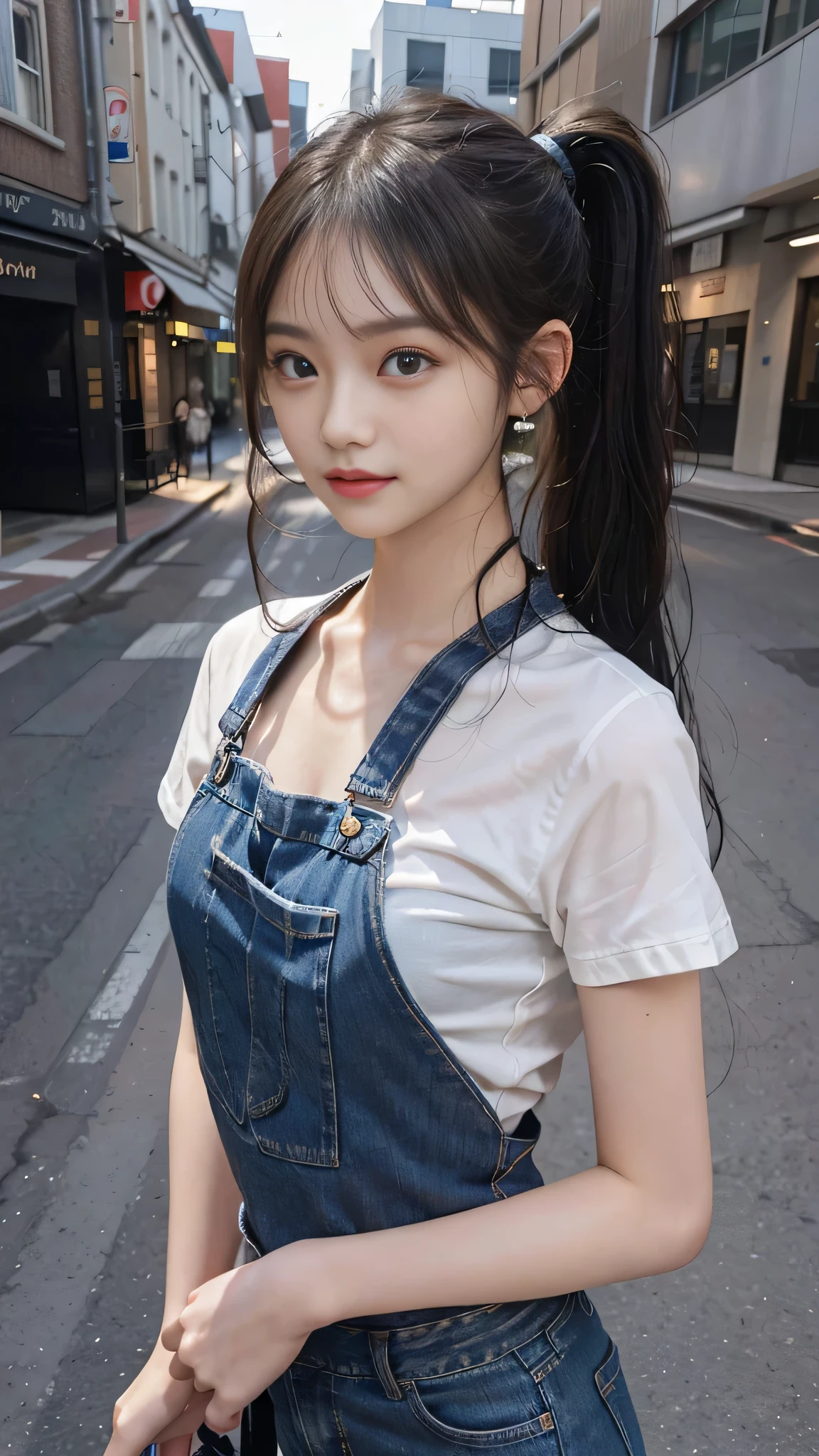european cityscape,one woman,full body photo,table top, best image quality, high quality, The background is clear,Beautiful woman, Japanese, be familiar with, be familiar with eyes, be familiar with skin, beautiful skin, 超High resolution, (reality: 1.4),very beautiful woman, a little young face, beautiful skin, thin, (ultra photoreal sim), (High resolution), (8k), (非常にbe familiar with) (beautiful detailed eyes), (超be familiar with), (be familiar with face), view viewer, small details, be familiar with face, look straight ahead, look straight ahead, reality的な写真, bright lighting, professional lighting, black hair,ponytail,a baby face,15 years old,髪型はponytailです,ロングponytailの髪型,slight smile,neatly organized clothes,european cityscape,Beautiful Japanese KPOP idol photo, ヘアスタイルはponytailです, my eyes are double and wide, baby face, smile and look straight ahead, thin, small breasts,formal shirts,jeans,close up face,denim overalls