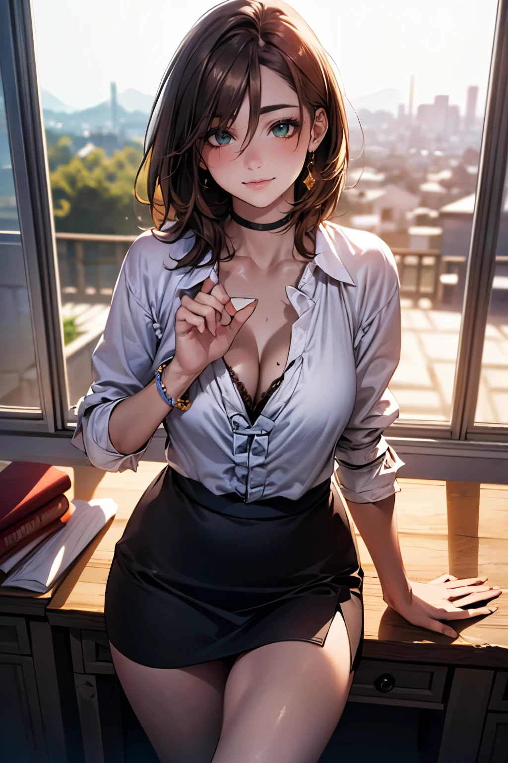 (masterpiece:1.2, highest quality), (realistic, photorealistic:1.4), beautiful illustrations, (natural side lighting, movie lighting), 
looking at the viewer, face focus, Upper body, 1 female, Japanese, perfect face, perfect body, Cute symmetrical face, shiny skin, baby face, medium breasts:1.4
((medium hair:1.4, light brown hair)), hair between eyes, emerald green eyes, seductive thighs, thin, 
beautiful hair, beautiful face, thin and beautiful eyes, beautiful clavicle, beautiful body, beautiful breasts, beautiful thighs, beautiful feet, beautiful fingers, 
(((peasant blousf:1.3), black tight skirt)), 
(beautiful scenery), evening, (office), Are standing, (cute smile, Upper grade),
