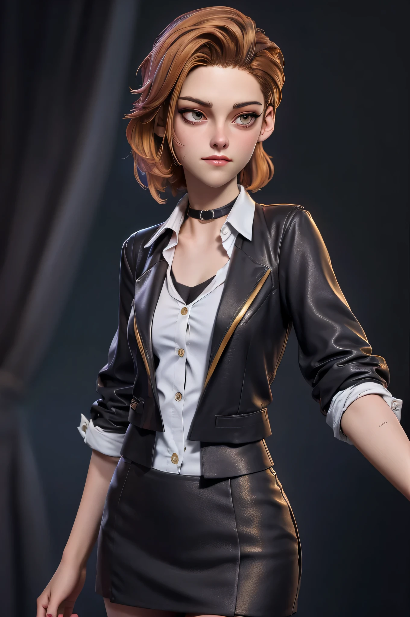 Character concept, full body shot, 3DMM, kst3w, Kristin Stewart, 16 years, gynoid physics, (One:1.1), Kristin Stewart, perfect face, (((black necklace))), (((night skirt suit))), (((pleated school miniskirt))), (((night color jacket))), (((White shirt, The top buttons are unbuttoned))), cup size S, (((Night color miniskirt with 1 horizontal gold stripe))), One focus, fully dressed, elegantly dressed, black nail polish, Half-open mouth, neat hairstyle, shoulder length hair, Brown hair, Yellow eyes, beautiful detailed eyes，bright students，（very good and beautiful），（Beautiful and detailed description of the eyes), [[gentle fingers and hands:0.55]::0.85], (detail fingers), Facing the camera, (Background with：school corridor，mystical atmosphere), (Illustration, cartoon, Masterpiece, very detailed, Best quality，cinematic lighting，muted colors, detailed background, A high resolution)