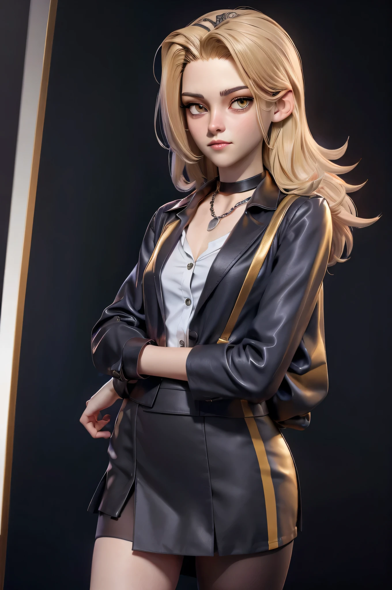 Character concept, full body shot, 3DMM, kst3w, Kristin Stewart, , gynoid physics, (One:1.1), Kristin Stewart, perfect face, (((black necklace))), (((night skirt suit))), (((pleated school miniskirt))), (((night color jacket))), (((White shirt, The top buttons are unbuttoned))), cup size S, (((Night color miniskirt with 1 horizontal gold stripe))), One focus, fully dressed, elegantly dressed, black nail polish, Half-open mouth, neat hairstyle, shoulder length hair, Brown hair, Yellow eyes, beautiful detailed eyes，bright students，（very good and beautiful），（Beautiful and detailed description of the eyes), [[gentle fingers and hands:0.55]::0.85], (detail fingers), Facing the camera, (Background with：school corridor，mystical atmosphere), (Illustration, cartoon, Masterpiece, very detailed, Best quality，cinematic lighting，muted colors, detailed background, A high resolution)