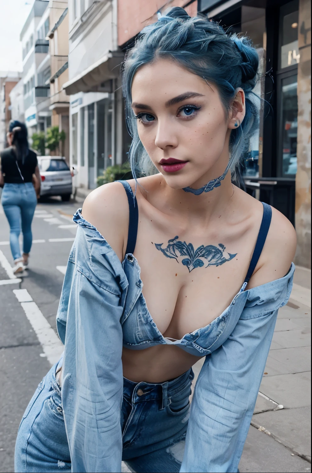Beautiful skinny girl, elongated face and thin chin, freckles, blue hair, blue eyes, red lipstick, beautiful makeup, white skin, tattoo, Color Bust, denim jeans, white cotton shoes, in street , messy Hairbun
