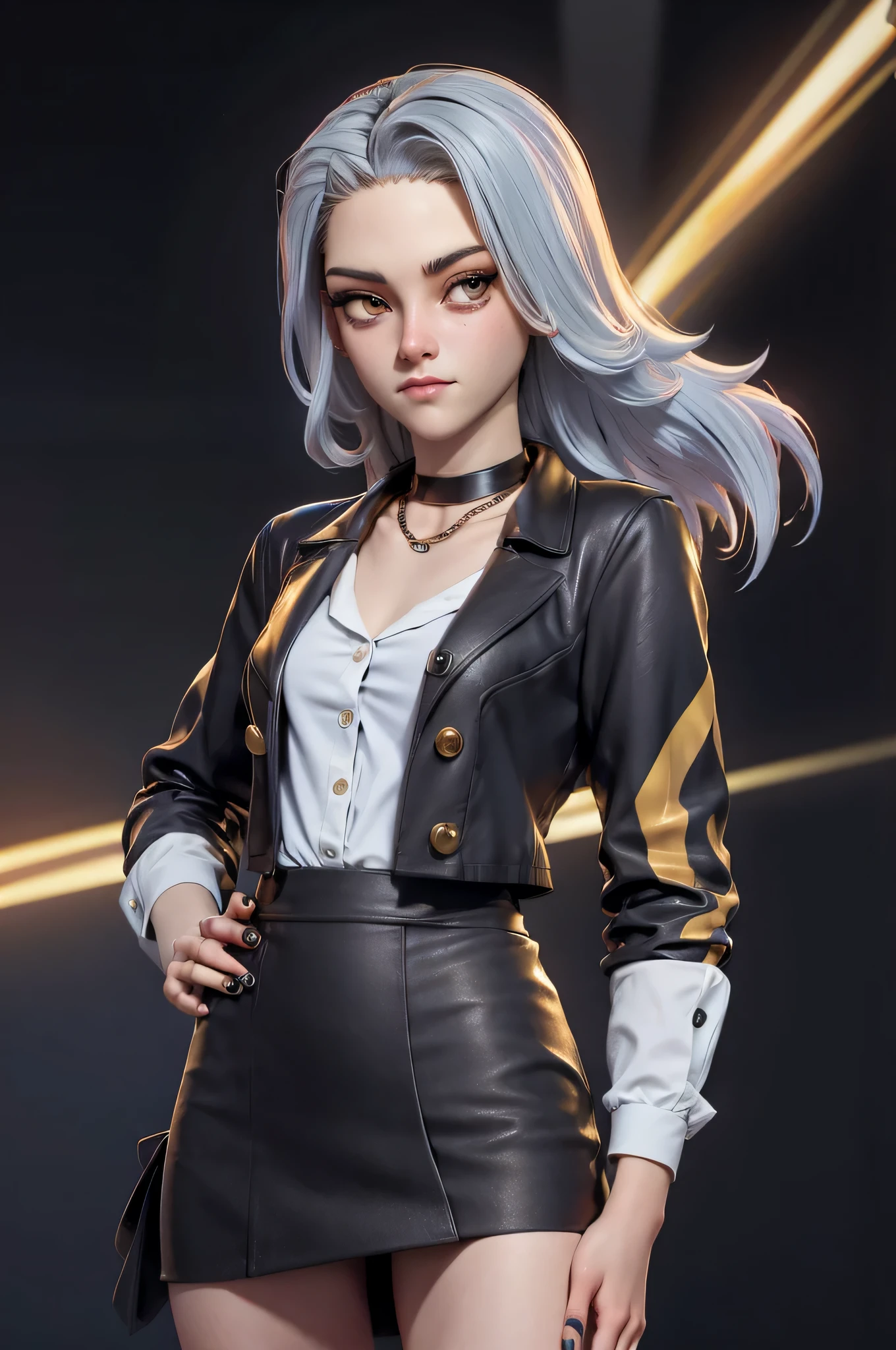 Character concept, full body shot, 3DMM, kst3w, Kristin Stewart, 16 years, gynoid physics, (One:1.1), Kristin Stewart, perfect face, (((black necklace))), (((night skirt suit))), (((pleated school miniskirt))), (((night color jacket))), (((White shirt, The top buttons are unbuttoned))), cup size S, (((Night color miniskirt with 1 horizontal gold stripe))), One focus, fully dressed, elegantly dressed, black nail polish, Half-open mouth, neat hairstyle, shoulder length hair, Brown hair, Yellow eyes, beautiful detailed eyes，bright students，（very good and beautiful），（Beautiful and detailed description of the eyes), [[gentle fingers and hands:0.55]::0.85], (detail fingers), Facing the camera, (Background with：school corridor，mystical atmosphere), (Illustration, cartoon, Masterpiece, very detailed, Best quality，cinematic lighting，muted colors, detailed background, A high resolution)