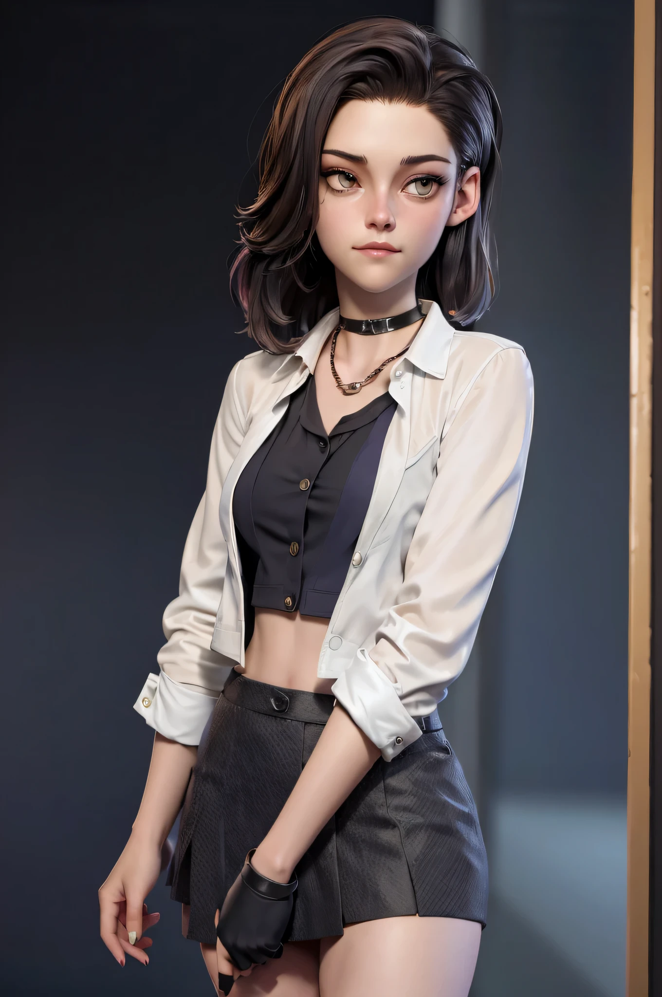 Character concept, full body shot, 3DMM, kst3w, Kristin Stewart, 16 years, gynoid physics, (One:1.1), Kristin Stewart, perfect face, (((black necklace))), (((night skirt suit))), (((pleated school miniskirt))), (((night color jacket))), (((White shirt, The top buttons are unbuttoned))), cup size S, (((Night color miniskirt with 1 horizontal gold stripe))), One focus, fully dressed, elegantly dressed, black nail polish, Half-open mouth, neat hairstyle, shoulder length hair, Brown hair, Yellow eyes, beautiful detailed eyes，bright students，（very good and beautiful），（Beautiful and detailed description of the eyes), [[gentle fingers and hands:0.55]::0.85], (detail fingers), Facing the camera, (Background with：school corridor，mystical atmosphere), (Illustration, cartoon, Masterpiece, very detailed, Best quality，cinematic lighting，muted colors, detailed background, A high resolution)