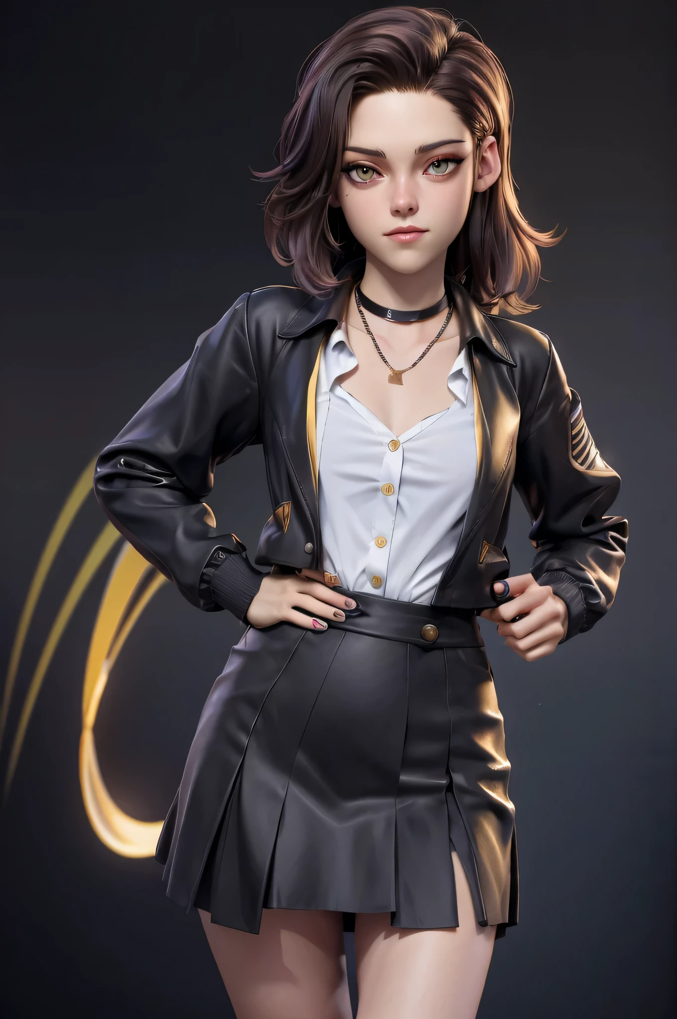 Character concept, full body shot, 3DMM, kst3w, Kristin Stewart, , gynoid physics, (One:1.1), Kristin Stewart, perfect face, (((black necklace))), (((night skirt suit))), (((pleated school miniskirt))), (((night color jacket))), (((White shirt, The top buttons are unbuttoned))), cup size S, (((Night color miniskirt with 1 horizontal gold stripe))), One focus, fully dressed, elegantly dressed, black nail polish, Half-open mouth, neat hairstyle, shoulder length hair, Brown hair, Yellow eyes, beautiful detailed eyes，bright students，（very good and beautiful），（Beautiful and detailed description of the eyes), [[gentle fingers and hands:0.55]::0.85], (detail fingers), Facing the camera, (Background with：school corridor，mystical atmosphere), (Illustration, cartoon, Masterpiece, very detailed, Best quality，cinematic lighting，muted colors, detailed background, A high resolution)