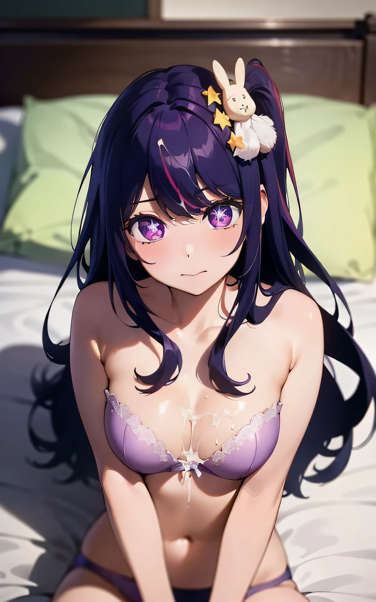 absurderes:1.8, (HoshinoAi、solo), realistic, Unity 8K Wallpaper, Masterpiece, detailed hair, highly detailed, realistic glistening skin、long hair, purple hair, purple eyes, bangs, (one side up:1.2, star-shaped pupils:1.4, rabbit hair ornament, symbol-shaped pupils:1.4, bed room)、((cum on body:1.4, sexy underwear、bukkake))、