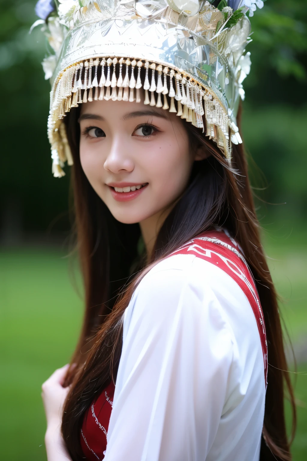 best quality， ultra high resolution， Official wallpaper， （lifelike：1.4）， （1Miao girl）， （18 year old girl），Hmong headdress，Hmong clothing， Highly detailed face， beautiful eyes， （Smile：0.6）， looking at the audience，（After the rain，outdoor，wet）Extremely detailed CG Unity 8K wallpaper， There is light on the face， illumination， traditional headdress， whole body， masterpiece，超lifelike，32k，Extremely detailed CG Unity 8K wallpaper， best quality

