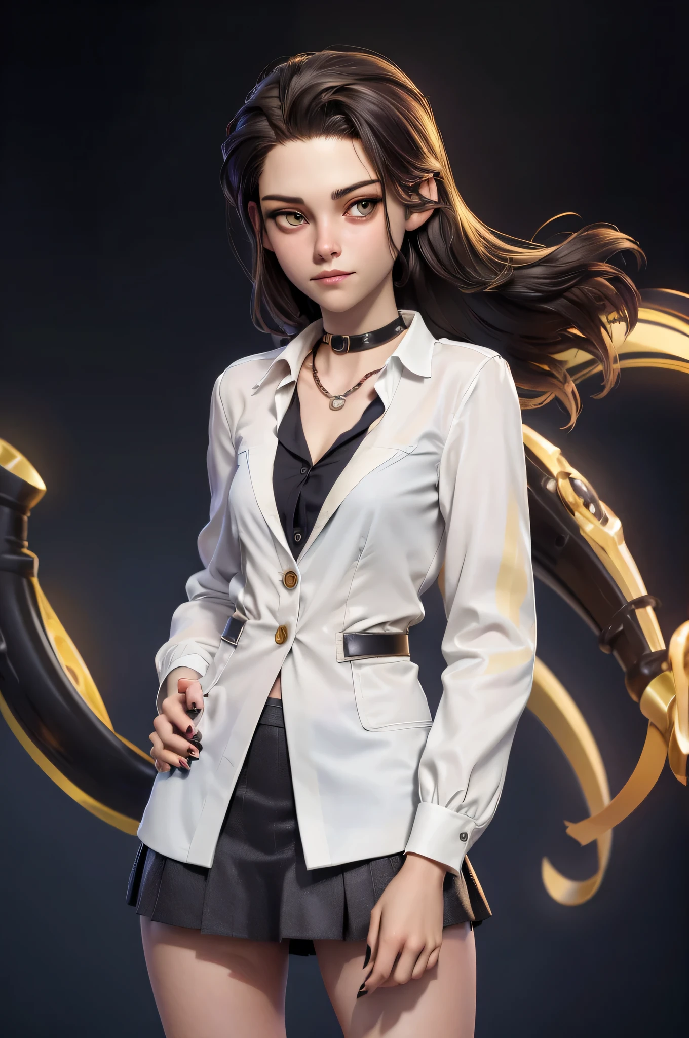 Character concept, full body shot, 3DMM, kst3w, Kristin Stewart, , gynoid physics, (One:1.1), Kristin Stewart, perfect face, (((black necklace))), (((night skirt suit))), (((pleated school miniskirt))), (((night color jacket))), (((White shirt, The top buttons are unbuttoned))), cup size S, (((Night color miniskirt with 1 horizontal gold stripe))), One focus, fully dressed, elegantly dressed, black nail polish, Half-open mouth, neat hairstyle, shoulder length hair, Brown hair, Yellow eyes, beautiful detailed eyes，bright students，（very good and beautiful），（Beautiful and detailed description of the eyes), [[gentle fingers and hands:0.55]::0.85], (detail fingers), Facing the camera, (Background with：school corridor，mystical atmosphere), (Illustration, cartoon, Masterpiece, very detailed, Best quality，cinematic lighting，muted colors, detailed background, A high resolution)