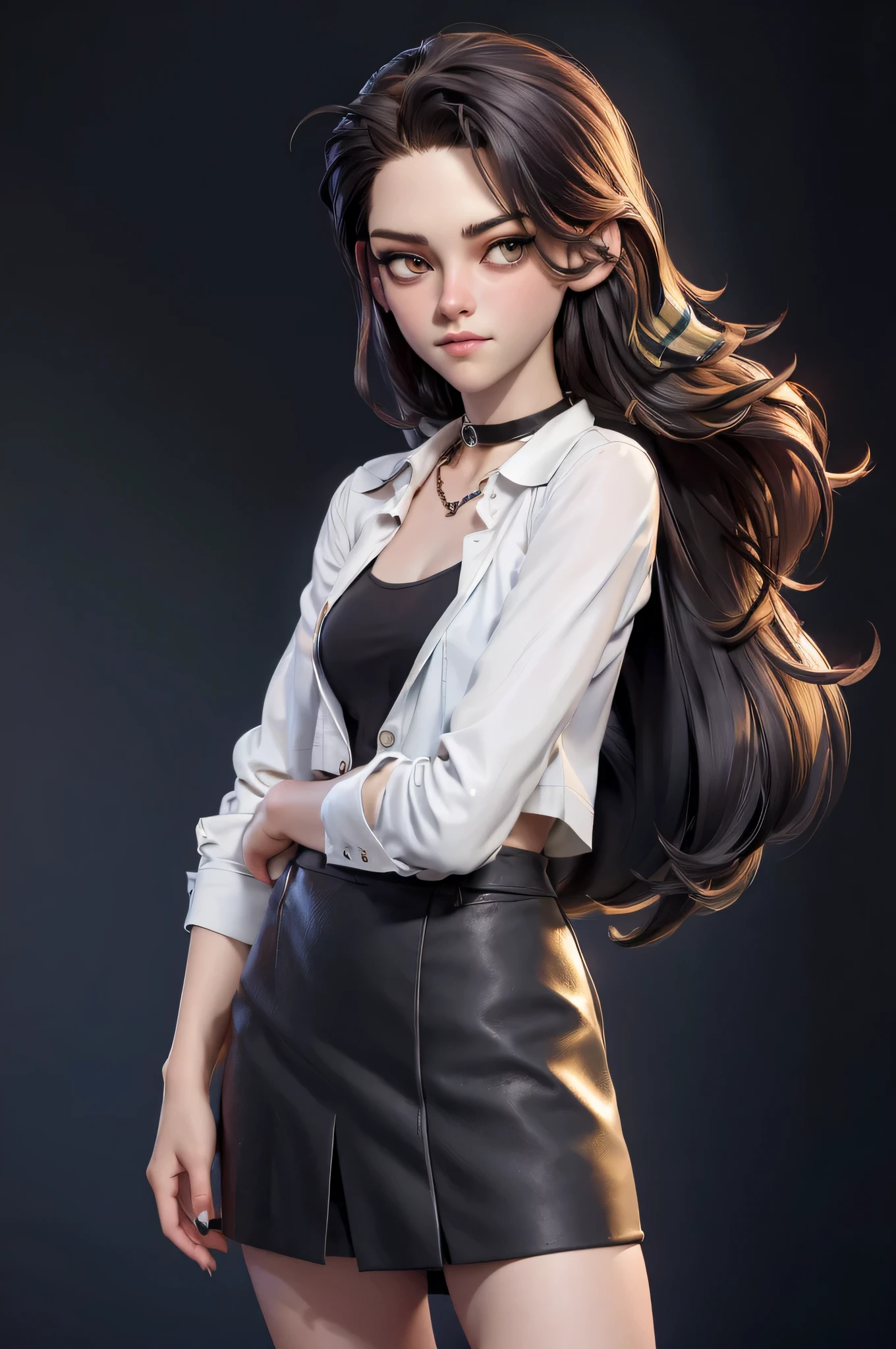 Character concept, full body shot, 3DMM, kst3w, Kristin Stewart, 16 years, gynoid physics, (One:1.1), Kristin Stewart, perfect face, (((black necklace))), (((night skirt suit))), (((pleated school miniskirt))), (((night color jacket))), (((White shirt, The top buttons are unbuttoned))), cup size S, (((Night color miniskirt with 1 horizontal gold stripe))), One focus, fully dressed, elegantly dressed, black nail polish, Half-open mouth, neat hairstyle, shoulder length hair, Brown hair, Yellow eyes, beautiful detailed eyes，bright students，（very good and beautiful），（Beautiful and detailed description of the eyes), [[gentle fingers and hands:0.55]::0.85], (detail fingers), Facing the camera, (Background with：school corridor，mystical atmosphere), (Illustration, cartoon, Masterpiece, very detailed, Best quality，cinematic lighting，muted colors, detailed background, A high resolution)