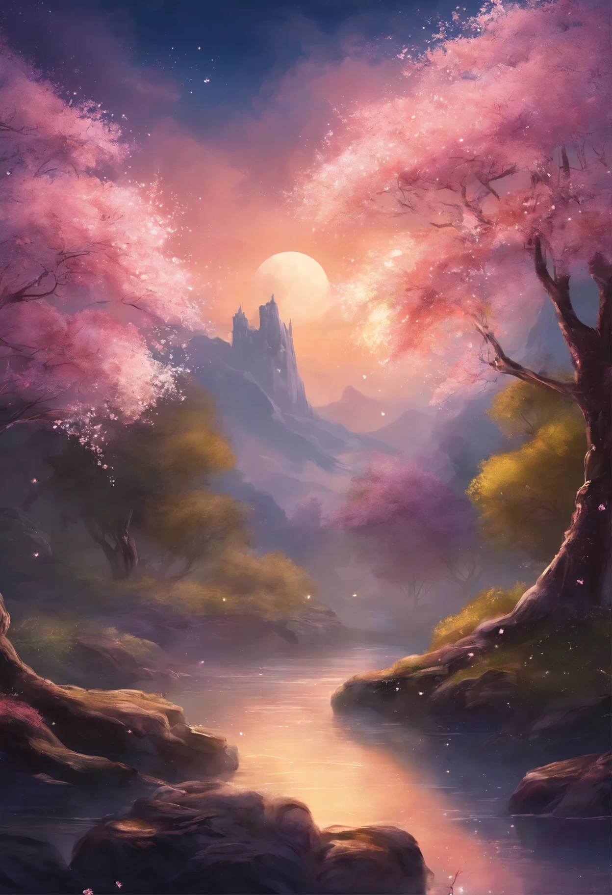 This image depicts a breathtaking scene of cherry blossom trees in full bloom at night. Under a glowing blue starry sky, petals from the cherry blossoms are gently falling, with a crescent moon shining above. The play of light and shadow is striking, creating an enchanting and dreamlike atmosphere, capturing the essence of a romantic spring evening.