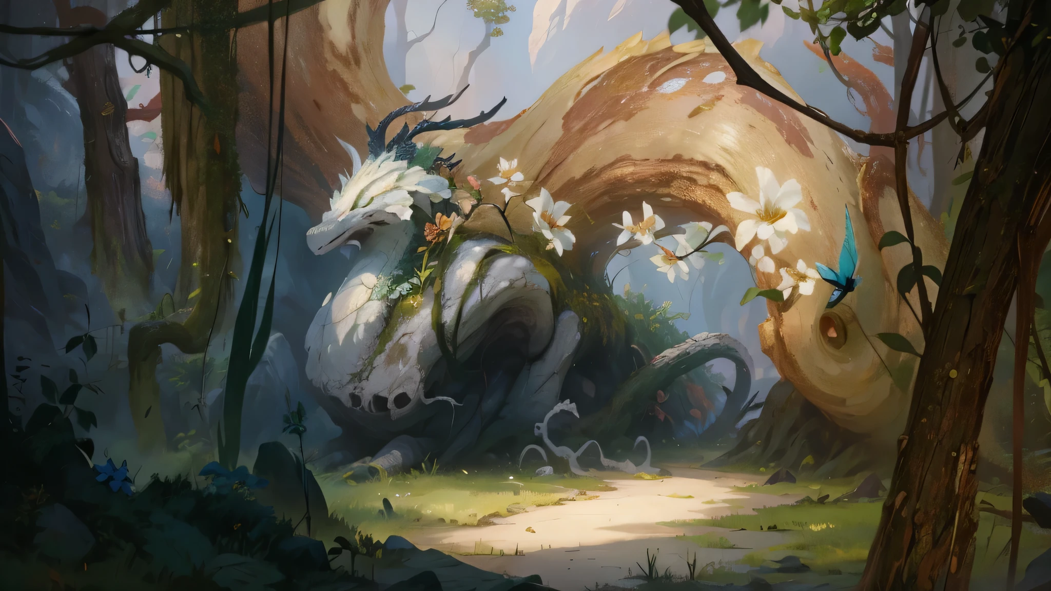 Dragon painting in the flower forest, fantasy painting style, loish and wop, concept art, inspired by WLOP, fantasy numbers, Digital painting concept art, fantasy art behavior, author:Jeremy Chong, spider, Longlin oil painting, concept art插图, Digital fantasy, author:Yang Jie