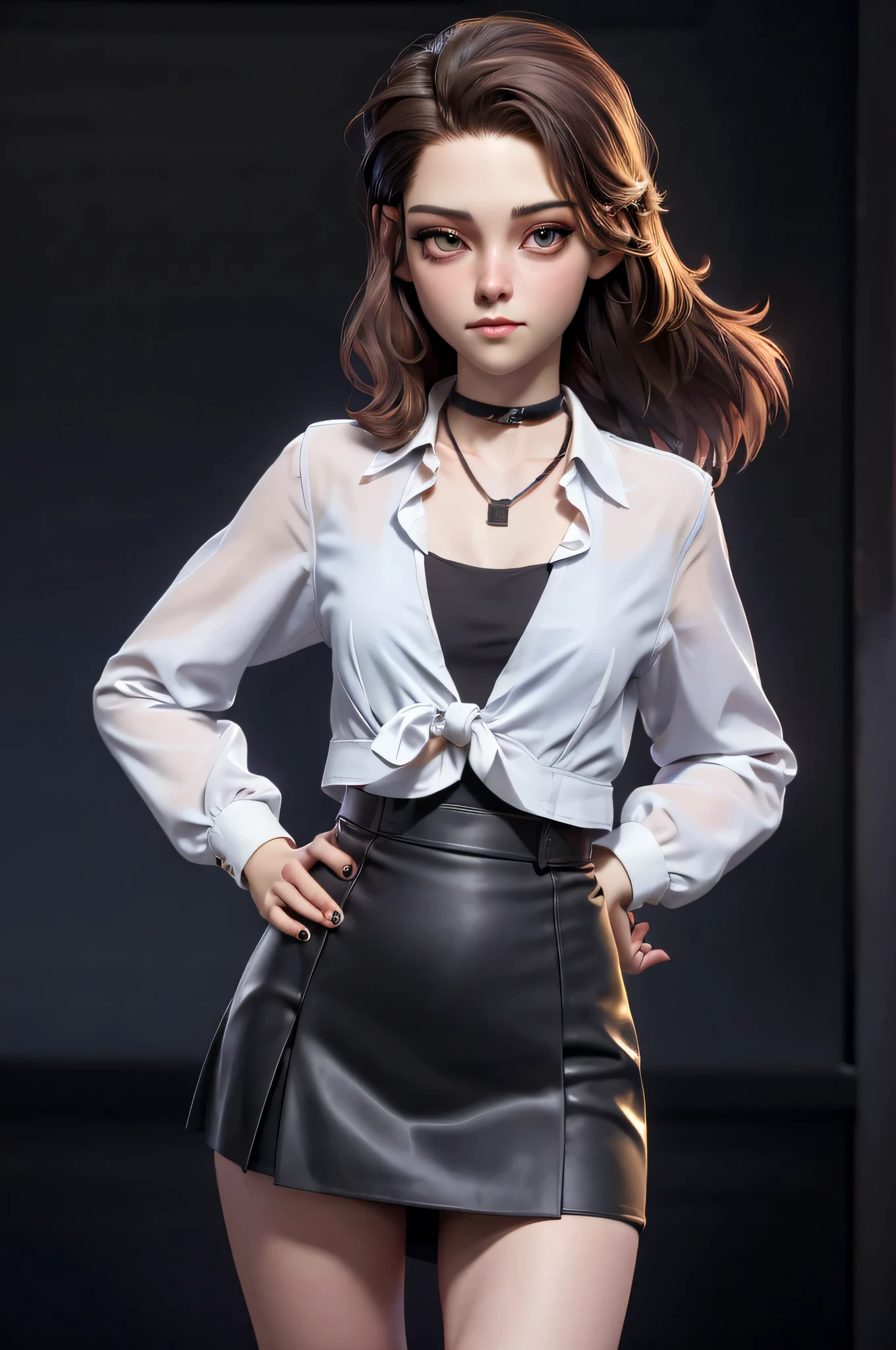 3DMM, kst3w, Kristin Stewart, 16 years, gynoid physics, (One:1.1), Kristin Stewart, perfect face, (((black necklace))), (((night skirt suit))), (((pleated school miniskirt))), (((night color jacket))), (((Silk tie))), Windsor tie, (((White shirt))), cup size S, (((Night color miniskirt with 1 horizontal gold stripe))), One focus, fully dressed, elegantly dressed, panty shot, black thong, Half-open mouth, neat hairstyle, shoulder length hair, Brown hair, Brown eyes, beautiful detailed eyes，bright students，（very good and beautiful），（Beautiful and detailed description of the eyes), [[gentle fingers and hands:0.55]::0.85], (detail fingers), Facing the camera, (Background with：school corridor，mystical atmosphere), (Illustration, cartoon, Masterpiece, very detailed, Best quality，cinematic lighting，muted colors, detailed background, A high resolution)