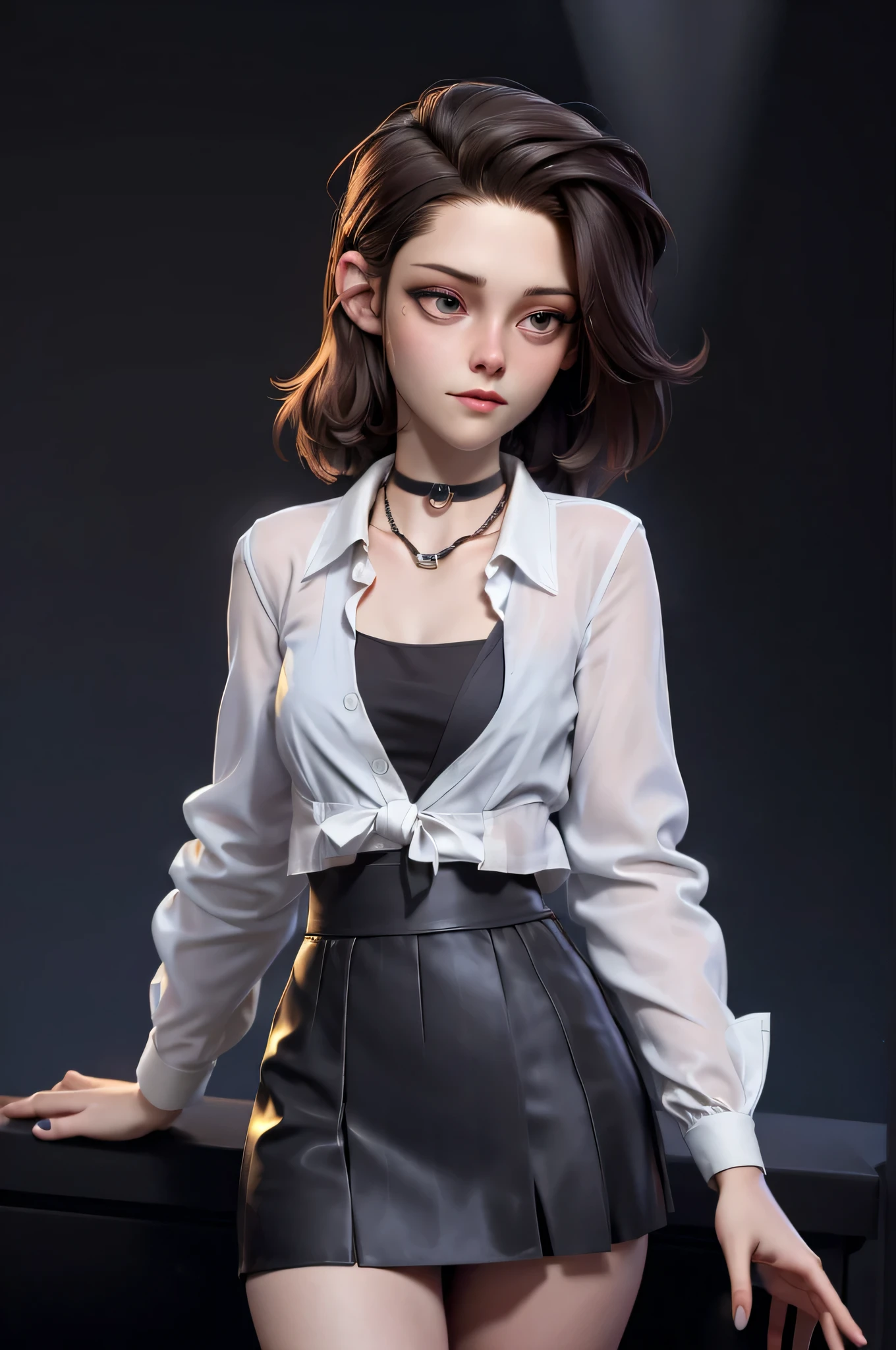 3DMM, kst3w, Kristin Stewart, 16 years, gynoid physics, (One:1.1), Kristin Stewart, perfect face, (((black necklace))), (((night skirt suit))), (((pleated school miniskirt))), (((night color jacket))), (((Silk tie))), Windsor tie, (((White shirt))), cup size S, (((Night color miniskirt with 1 horizontal gold stripe))), One focus, fully dressed, elegantly dressed, panty shot, black thong, Half-open mouth, neat hairstyle, shoulder length hair, Brown hair, Brown eyes, beautiful detailed eyes，bright students，（very good and beautiful），（Beautiful and detailed description of the eyes), [[gentle fingers and hands:0.55]::0.85], (detail fingers), Facing the camera, (Background with：school corridor，mystical atmosphere), (Illustration, cartoon, Masterpiece, very detailed, Best quality，cinematic lighting，muted colors, detailed background, A high resolution)