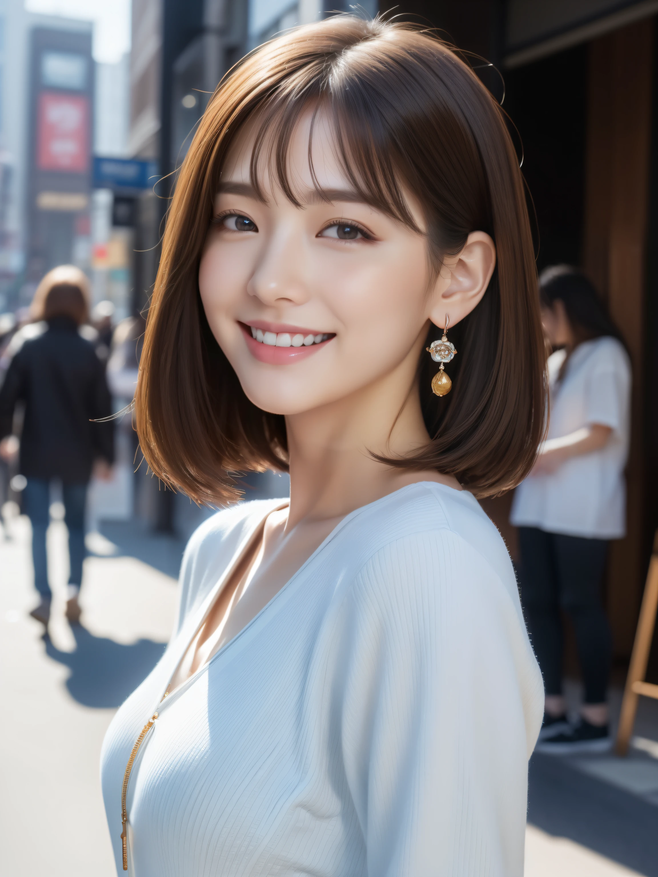 (8k、RAW photo、highest quality、Masseter muscle part:1.2)、Super detailed、super resolution、(realistic、realistic pictures:1.37)、portrait、High-definition RAW color photo、professional photography、hvery detailed and beautiful、very detailed、8k wallpaper、surprisingly detailed、huge file size、official art、very detailed CG Unity 8k wallpapers、very detailed beautiful girl、very detailed顔、very detailed目、very detailed肌、とてもthin指、very detailed nose、very detailed詳細な口、perfect ???????、hvery detailed back ground、Hvery detailed clothing、1 girl、(18:1.2)、teen、cute、famous japanese idol、cute、realistic body、、white skin、glowing skin、because I'thin、handsome body、brown haired、bob cut、laughter、cute、Zora々right、cute faces、lifelike face、delicate eyes、ordering sauce、light blue long sleeve shirt、earrings、looking at camera、cowboy shot、positive、contrapo, draw the background accurately、high street, public, dynamic lighting,