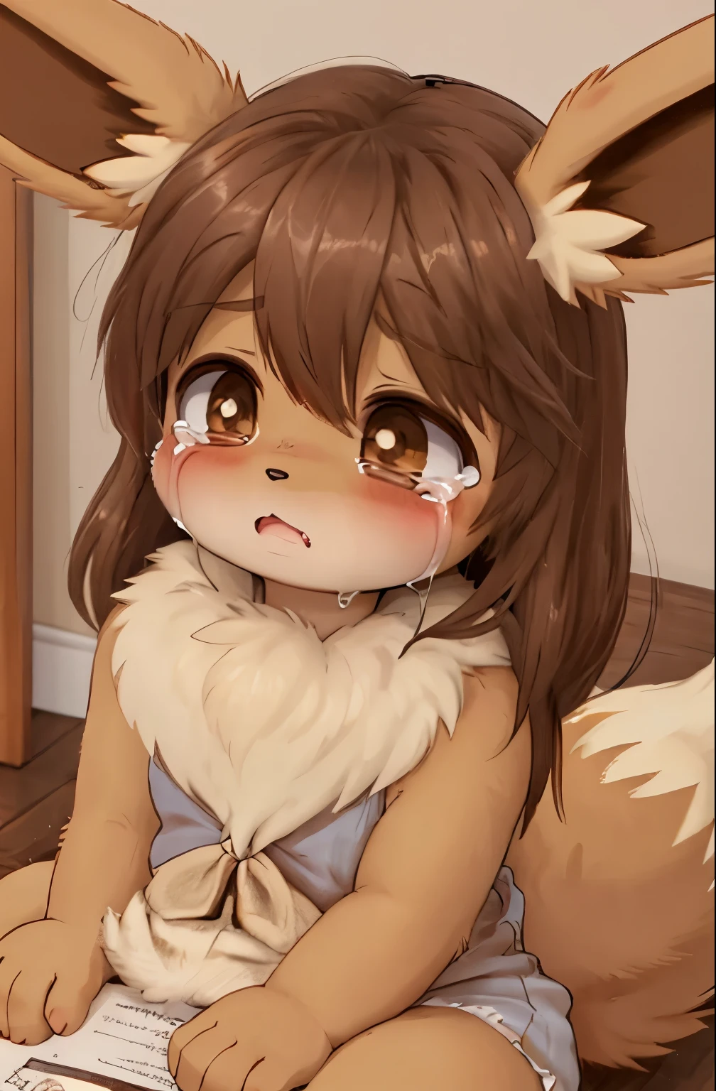 A female anthro eevee,long brown hair, crying, cute face