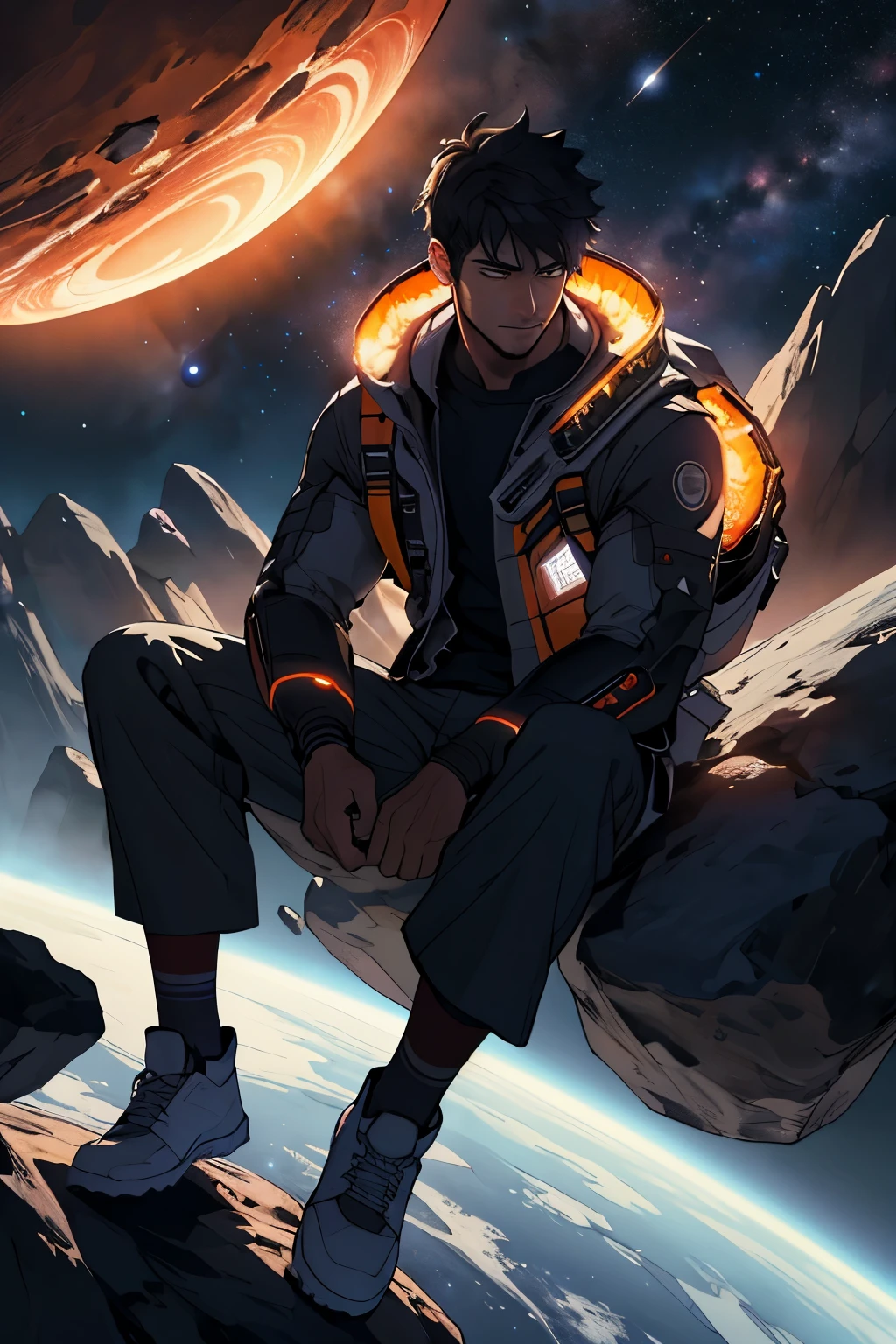 Draw a young programmer, sitting on a research platform floating in the middle of an asteroid belt. He is studying with a notebook, surrounded by several asteroids glowing with fiery auras. Dramatic lighting from distant stars and planets illuminates the scene, casting deep shadows on the suit. The young man looks confident and determined, looking at the vast and mysterious universe with wonder and respect,facial hair, cowboy shot,