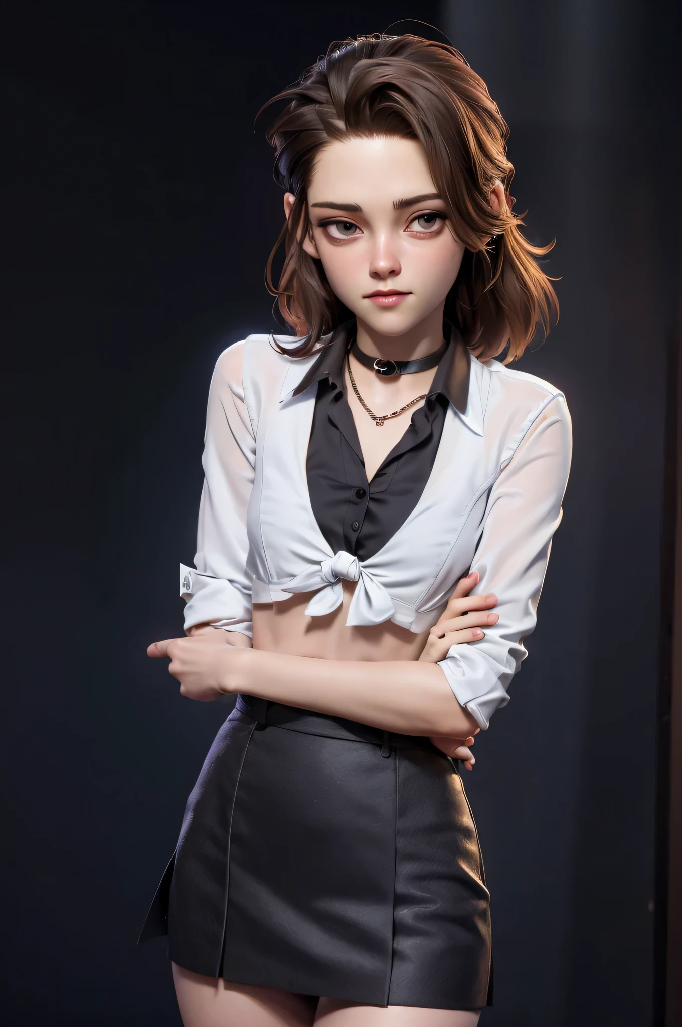 3DMM, kst3w, Kristin Stewart, 16 years, gynoid physics, (One:1.1), Kristin Stewart, perfect face, (((black necklace))), (((night skirt suit))), (((pleated school miniskirt))), (((night color formal blazer))), (((Silk tie))), Windsor tie, (((White shirt))), cup size S, (((Night color miniskirt with 1 horizontal gold stripe))), One focus, fully dressed, elegantly dressed, Half-open mouth, neat hairstyle, shoulder length hair, Brown hair, Brown eyes, beautiful detailed eyes，bright students，（very good and beautiful），（Beautiful and detailed description of the eyes), [[gentle fingers and hands:0.55]::0.85], (detail fingers), Facing the camera, (Background with：school corridor，mystical atmosphere), (Illustration, cartoon, Masterpiece, very detailed, Best quality，cinematic lighting，muted colors, detailed background, A high resolution)