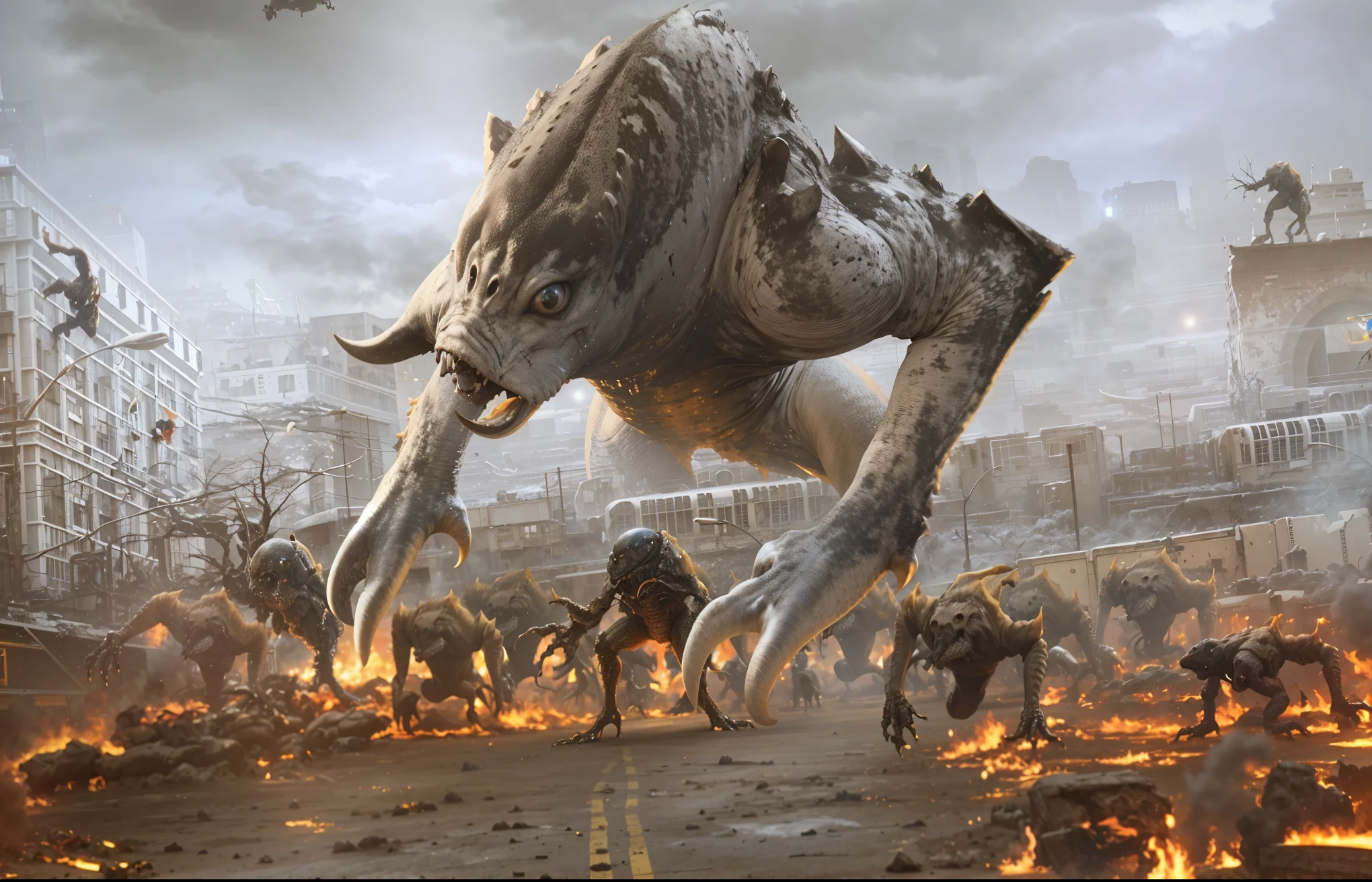 swarming alien creatures,Lots of details,4k,Ultra-clear,Destroyed city in the background,war
