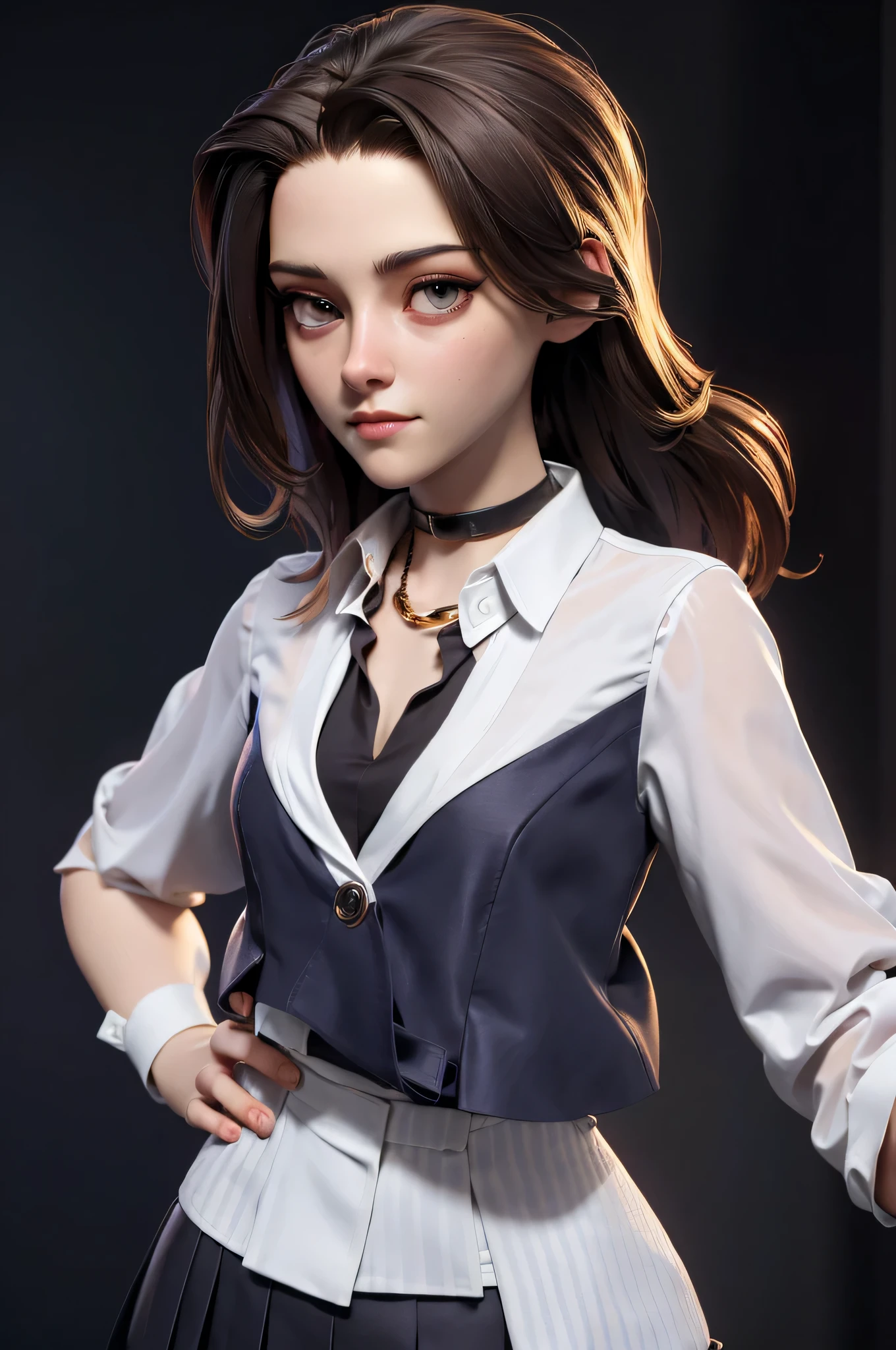 3DMM, kst3w, Kristin Stewart, , gynoid physics, (One:1.1), Kristin Stewart, perfect face, (((black necklace))), (((night skirt suit))), (((pleated school miniskirt))), (((night color formal blazer))), (((Silk tie))), Windsor tie, (((White shirt))), cup size S, (((Night color miniskirt with 1 horizontal gold stripe))), One focus, fully dressed, elegantly dressed, Half-open mouth, neat hairstyle, shoulder length hair, Brown hair, Brown eyes, beautiful detailed eyes，bright students，（very good and beautiful），（Beautiful and detailed description of the eyes), [[gentle fingers and hands:0.55]::0.85], (detail fingers), Facing the camera, (Background with：school corridor，mystical atmosphere), (Illustration, cartoon, Masterpiece, very detailed, Best quality，cinematic lighting，muted colors, detailed background, A high resolution)