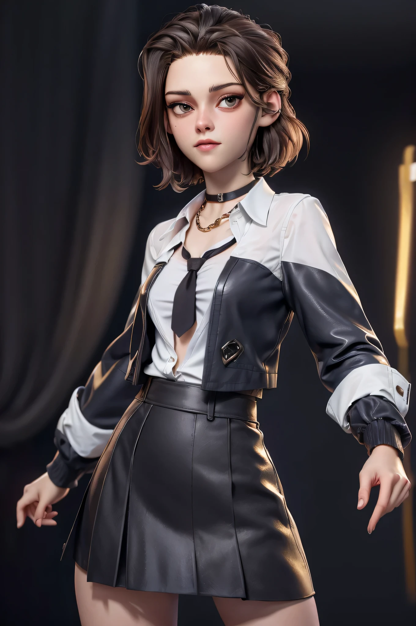 3DMM, kst3w, Kristin Stewart, 16 years, gynoid physics, (One:1.1), Kristin Stewart, perfect face, (((black necklace))), (((night skirt suit))), (((pleated school miniskirt))), (((night color jacket))), (((Silk tie))), Windsor tie, (((White shirt))), cup size S, (((Night color miniskirt with 1 horizontal gold stripe))), One focus, fully dressed, elegantly dressed, Half-open mouth, neat hairstyle, shoulder length hair, Brown hair, Brown eyes, beautiful detailed eyes，bright students，（very good and beautiful），（Beautiful and detailed description of the eyes), [[gentle fingers and hands:0.55]::0.85], (detail fingers), Facing the camera, (Background with：school corridor，mystical atmosphere), (Illustration, cartoon, Masterpiece, very detailed, Best quality，cinematic lighting，muted colors, detailed background, A high resolution)