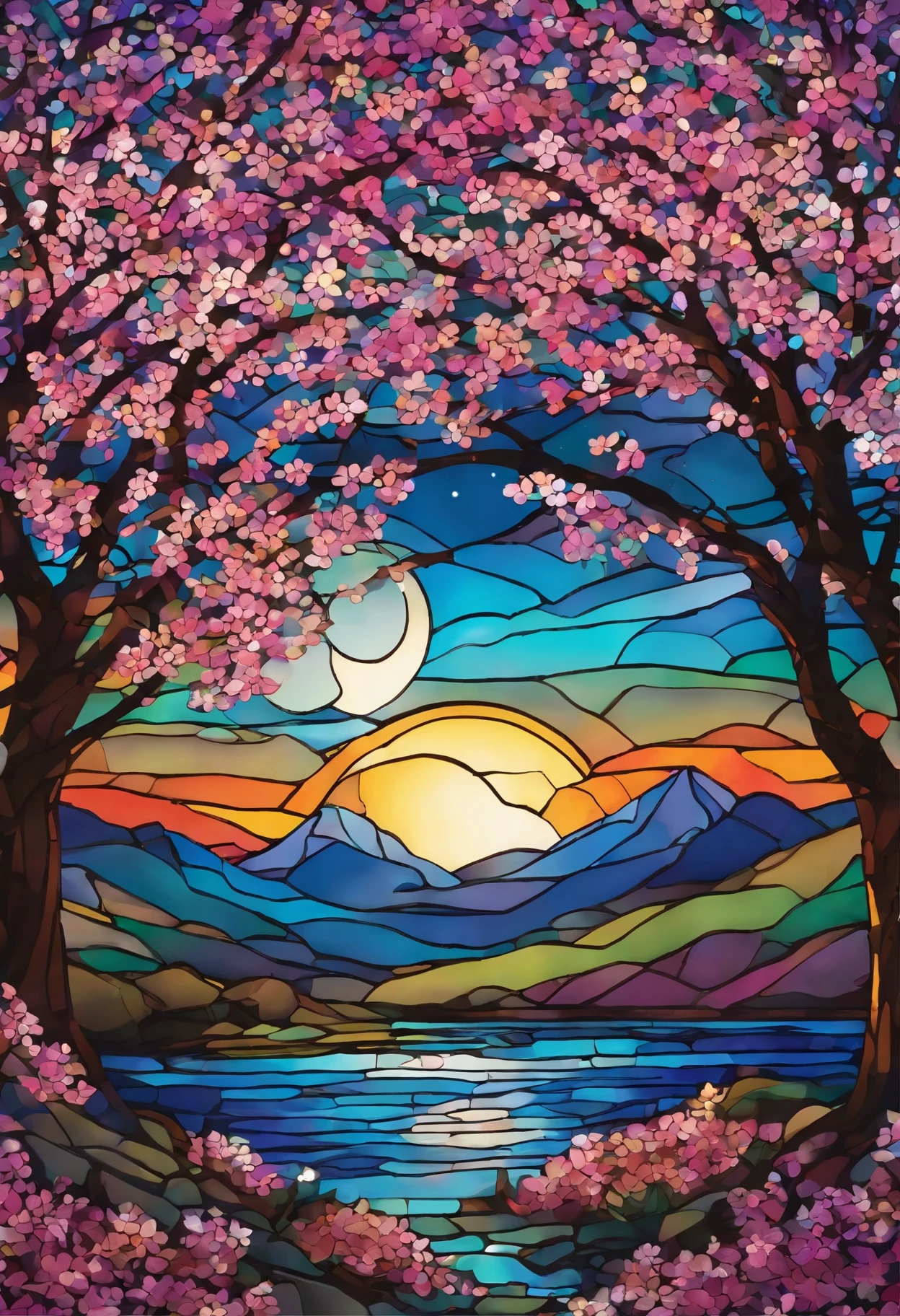 This image depicts a breathtaking scene of cherry blossom trees in full bloom at night. Under a glowing blue starry sky, petals from the cherry blossoms are gently falling, with a crescent moon shining above. The play of light and shadow is striking, creating an enchanting and dreamlike atmosphere, capturing the essence of a romantic spring evening.