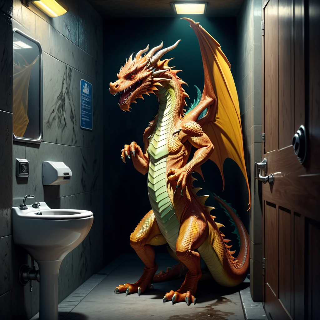 Hyperrealism of digital art. An anthropomorphic dragon pisses in a public toilet in a urinal. The view from the back. Hyperdetalization. 32k sharp focus, intricate details, vivid colors reflects, crafted in an 8k photorealistic style, wrapped in soft, naturally volumetric cinematic lighting., ultra-clear digital render., visuals at a stunning 8K, blending photorealistic concept art with the refined illumination of soft, cinematic composition, masterpiece-level oil painting, ultra-detailed, high contrast shadows emphasizing the grave markers, evoking the film's classic cinematography. High Resolution, High Quality, Masterpiece.best quality, masterpiece, super detail