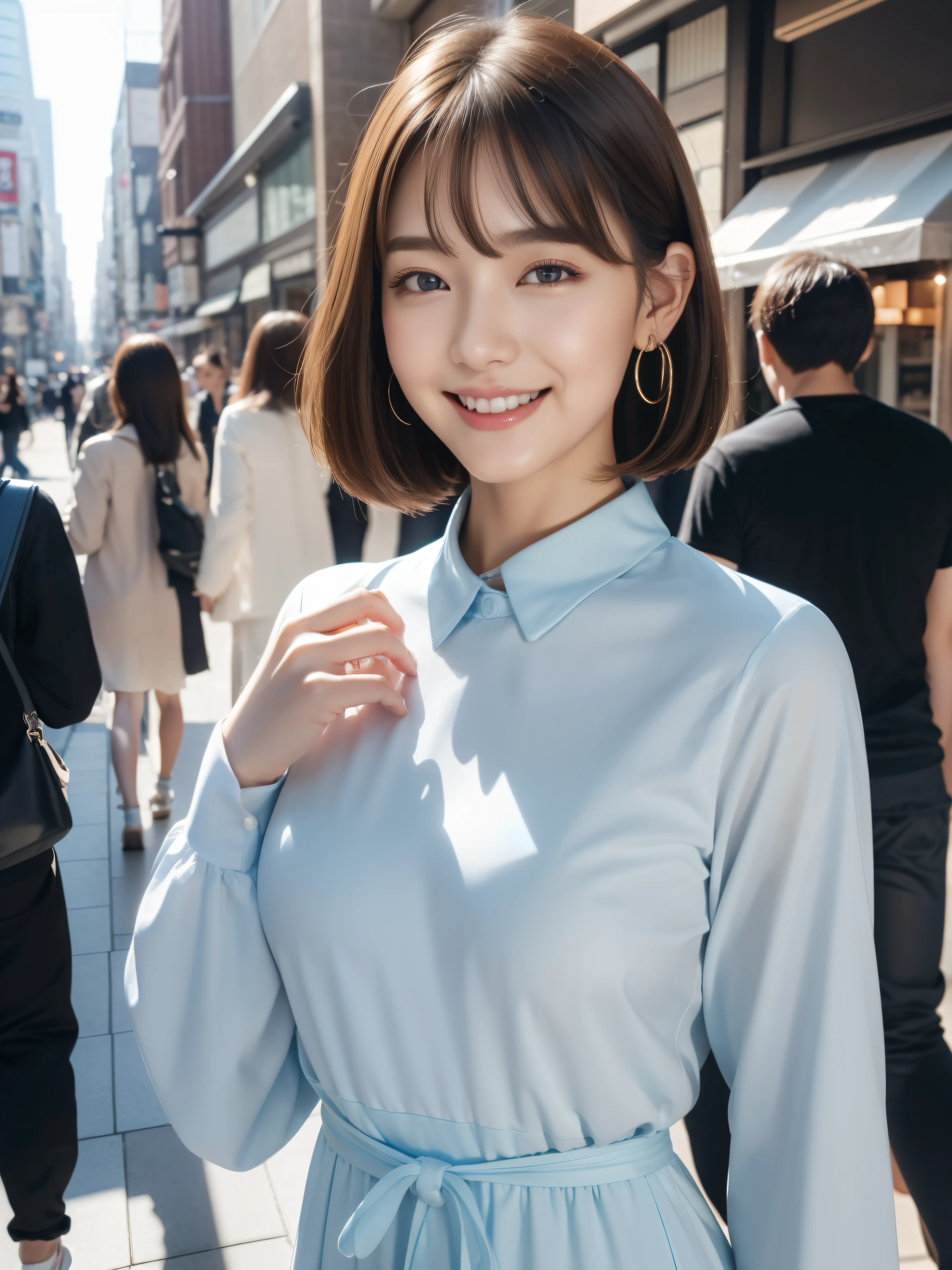 (8k、RAW photo、highest quality、Masseter muscle part:1.2)、Super detailed、super resolution、(realistic、realistic pictures:1.37)、portrait、High-definition RAW color photo、professional photography、hvery detailed and beautiful、very detailed、8k wallpaper、surprisingly detailed、huge file size、official art、very detailed CG Unity 8k wallpapers、very detailed beautiful girl、very detailed顔、very detailed目、very detailed肌、とてもthin指、very detailed nose、very detailed詳細な口、perfect anatomy、hvery detailed back ground、Hvery detailed clothing、1 girl、(18:1.2)、teen、cute、famous japanese idol、cute、realistic body、、white skin、glowing skin、because I&#39;thin、handsome body、brown haired、bob cut、laughter、cute、Zora々right、cute faces、lifelike face、delicate eyes、ordering sauce、light blue long sleeve shirt、earrings、looking at camera、cowboy shot、positive、contrapo, draw the background accurately、high street, public, dynamic lighting,
