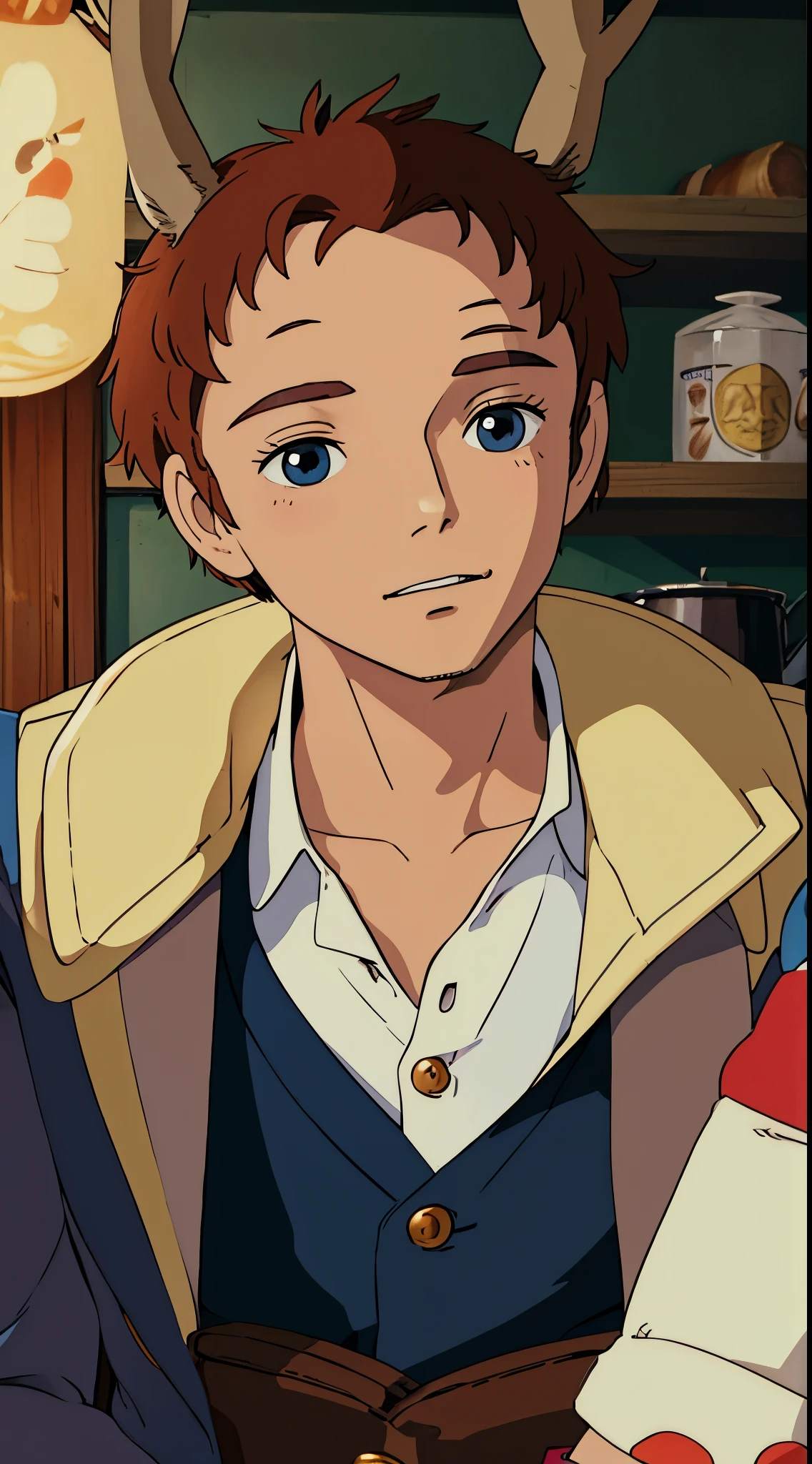 Tony Tony Chopper, in cafe, blazer, perfect eyes, perfect face, reindeer