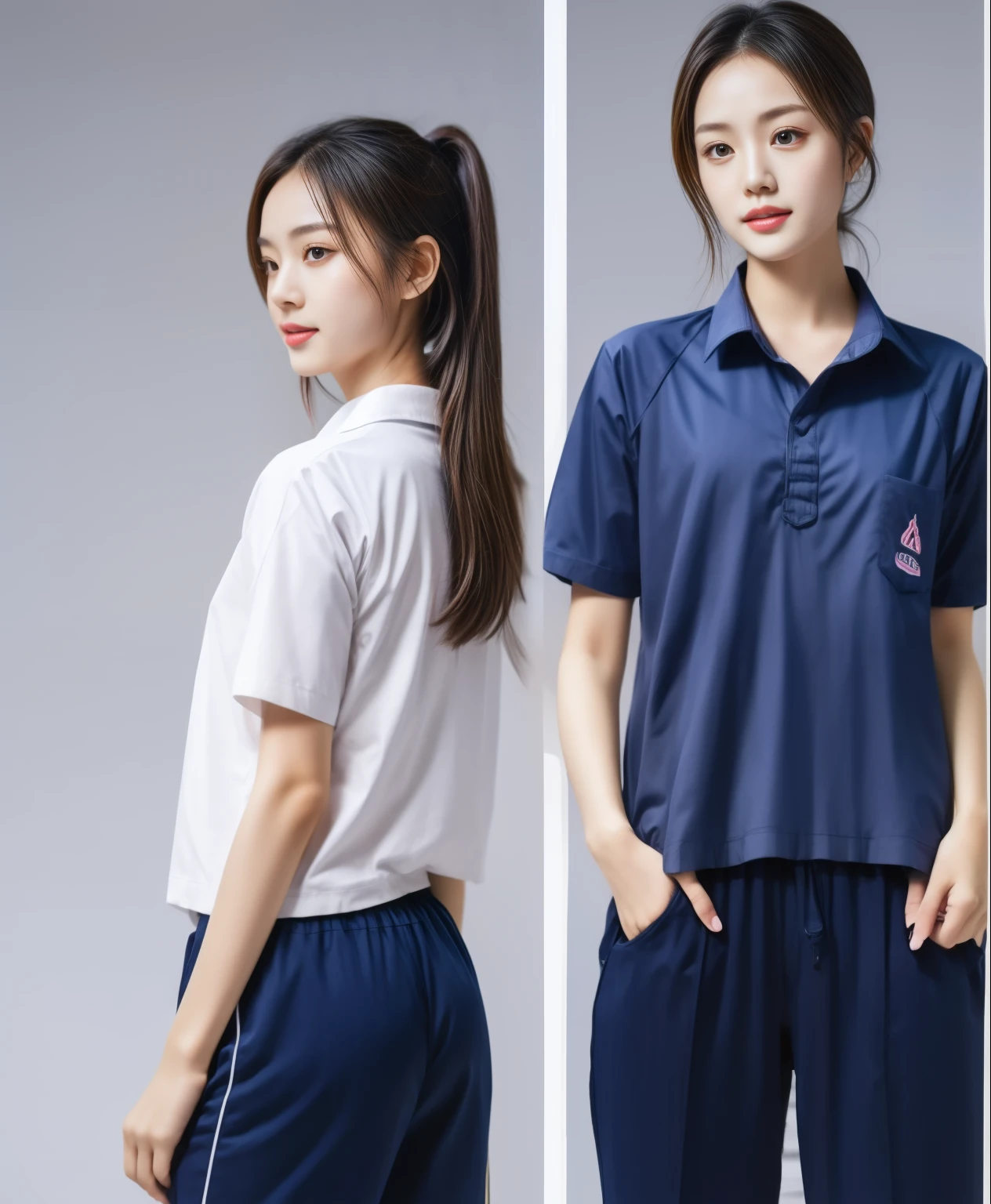 (best quality,10,10,height,Masterpiece:1.2),Special details,(realistic,ภาพrealistic,Realistic photos:1.37),1 Cute girl in the kitchen,shiny, ผิวshiny,only,smile softly,BDclothelue shirt:1.3)),short sleeve,shirt, กางเกงขาlong.,(navy_long_track pants:1.1), ((Kitchen Background)),Dynamic angle,excited,Face focus,dynamic poses,from behind,focus on ass,Masterpiece, best quality, ultra realistic, hyper-detail, 8K resolution, raw photos, Sharp focus, ((Navy blue shirt:1.1)), short sleeve, เส้นทางlong, perfect body, 2 mature women, 18 years old, Cinema-grade lighting system,blue sweatpants,exercise clothes,correct anatomy,perfect body, correct body, Sharp face, correct bodyทางกายวิภาค, full body, realistic gestures, long-haired, realistic poses,Wear long shorts...........................,ช่วงขาlong,Good shape,carved girl, Slender figure, Model, Good shape, beautiful body,blue sweatpants, two girls kissing