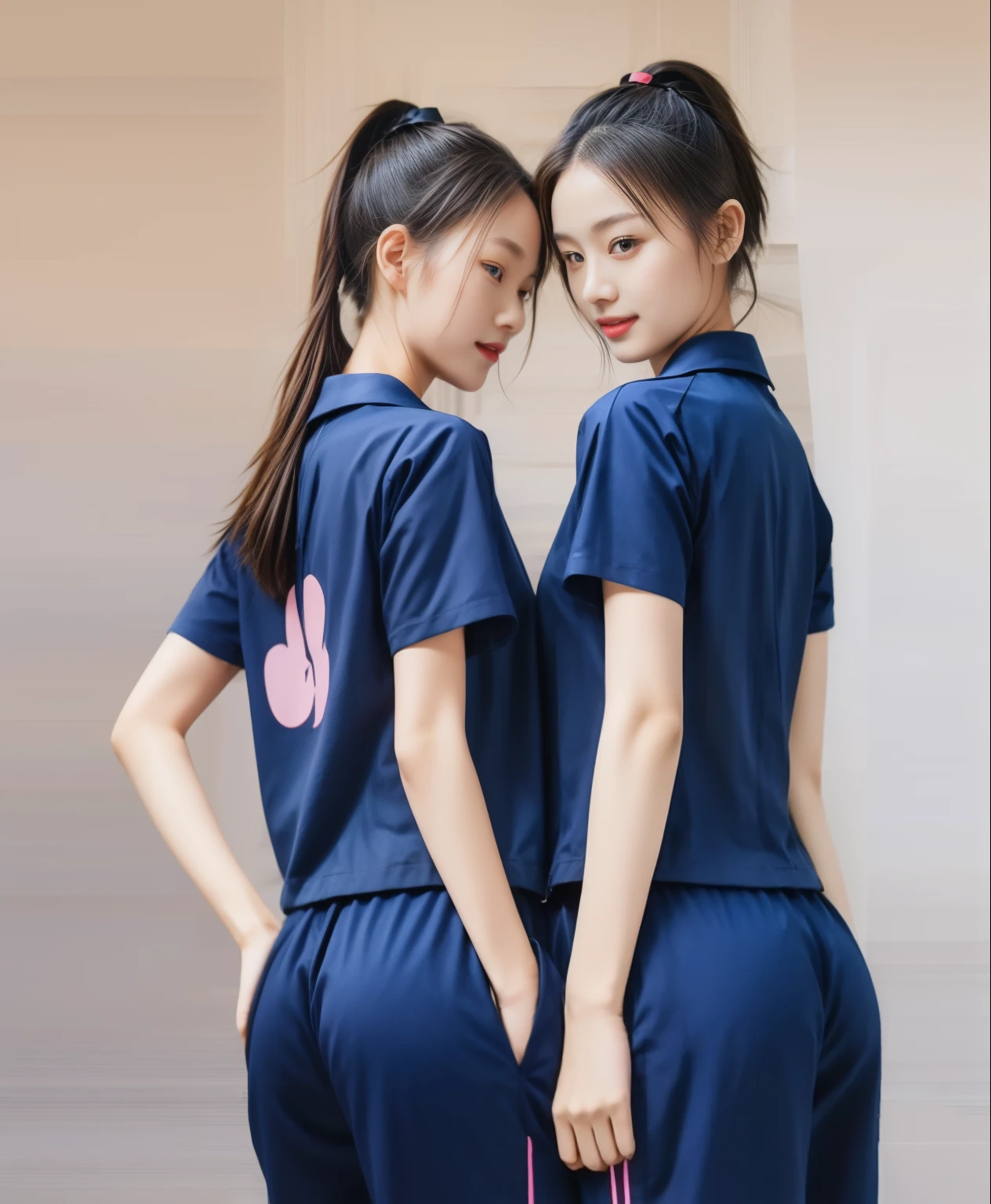 (best quality,10,10,height,Masterpiece:1.2),Special details,(realistic,ภาพrealistic,Realistic photos:1.37),1 cute girl in the fitness center,shiny, ผิวshiny,only,smile softly,BDclothelue shirt:1.3)),short sleeve,shirt, กางเกงขาlong.,(navy_long_track pants:1.1),Dynamic angle,excited,Face focus,dynamic poses,from behind,focus on ass,Masterpiece, best quality, ultra realistic, hyper-detail, 8K resolution, raw photos, Sharp focus, ((Navy blue shirt:1.1)), short sleeve, เส้นทางlong, perfect body, 2 mature women, 18 years old, Cinema-grade lighting system,blue sweatpants,exercise clothes,correct anatomy,perfect body, correct body, Sharp face, correct bodyทางกายวิภาค, full body, realistic gestures, long-haired, realistic poses,Wear long shorts......................................,ช่วงขาlong,Good shape,carved girl, Slender figure, Model, Good shape, beautiful body,blue sweatpants, two girls kissing