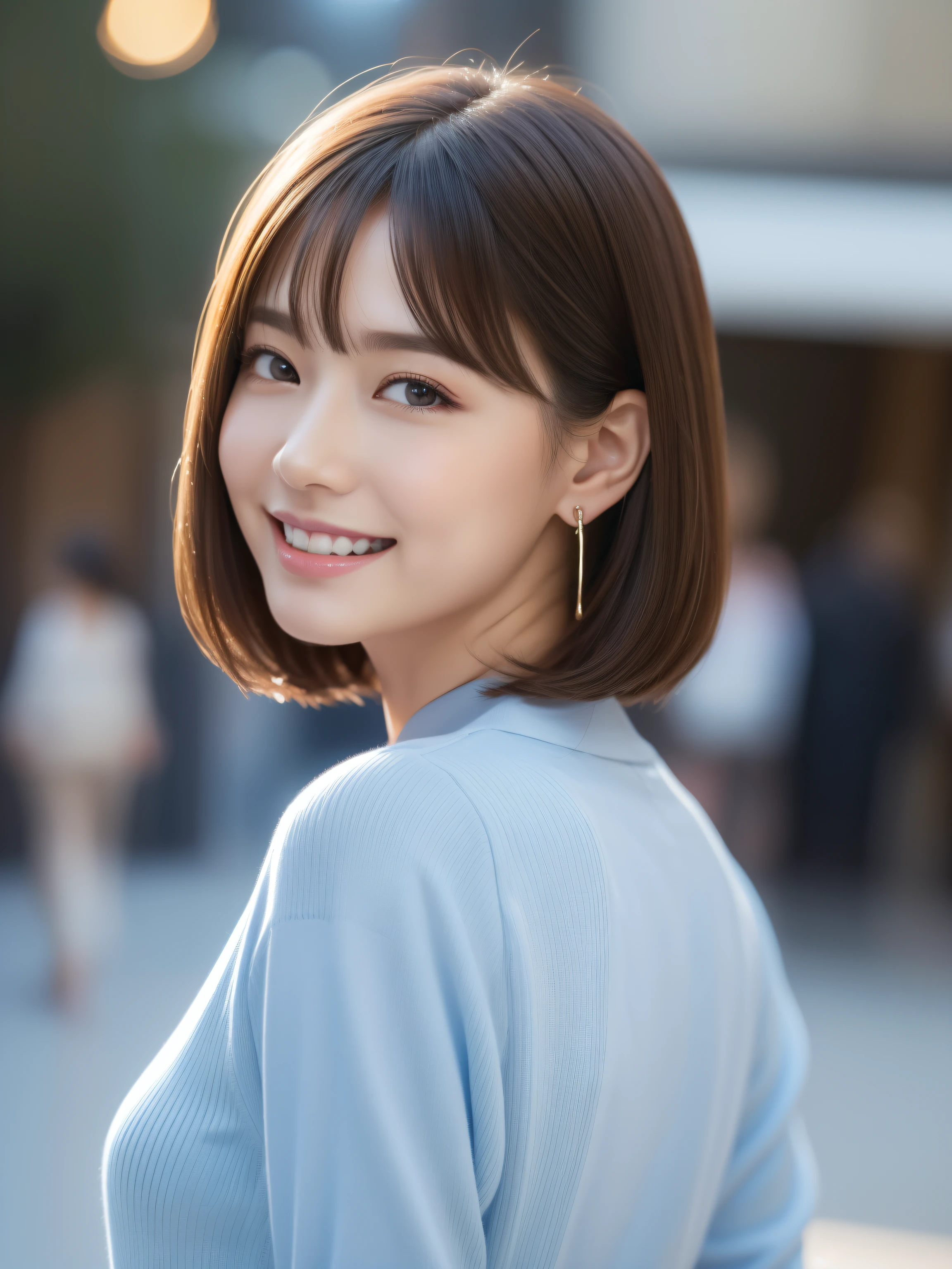 (8k、RAW photo、highest quality、Masseter muscle part:1.2)、Super detailed、super resolution、(realistic、realistic pictures:1.37)、portrait、High-definition RAW color photo、professional photography、hvery detailed and beautiful、very detailed、8k wallpaper、surprisingly detailed、huge file size、official art、very detailed CG Unity 8k wallpapers、very detailed beautiful girl、very detailed顔、very detailed目、very detailed肌、とてもthin指、very detailed nose、very detailed詳細な口、perfect anatomy、hvery detailed back ground、Hvery detailed clothing、1 girl、(18:1.2)、teen、cute、famous japanese idol、cute、realistic body、、white skin、glowing skin、because I&#39;thin、handsome body、brown haired、bob cut、laughter、cute、Zora々right、cute faces、lifelike face、delicate eyes、ordering sauce、light blue long sleeve shirt、earrings、looking at camera、cowboy shot、positive、contrapo, draw the background accurately、high street, public, dynamic lighting,