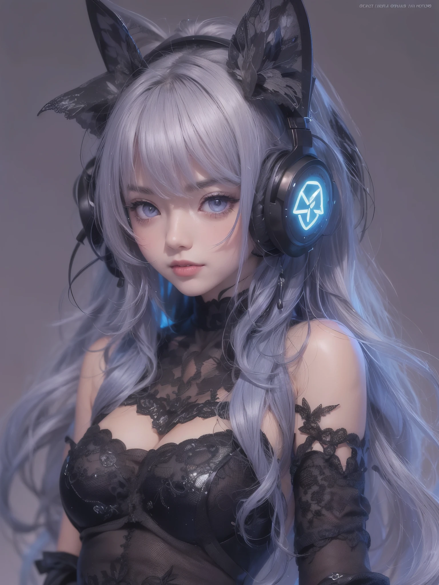 (masterpiece:1.3), (8K、photorealistic, Raw photo, best quality:1.4), (solo), ((A very beautiful Anglo-Saxon girlish girl)), (beautiful realistic face:1.2), (Symmetrical perfect face), ((美しくbright銀色のボブカットの髪型)), bangs, hair is messy, (intense purple eyes, strong eye highlights, realistic目, beautiful eyelashes), (wonderful smile:1.2), perfect body, perfect anatomy, glowing skin, (high detail skin: 1.2), dynamic angle, (black sleeveless dress, detailed embroidered dress, Black lace ornament, exposed shoulders, Finely crafted metal accessories, decorative choker, Long boots in black color),(black silk lace bra and panties),  ((Silvery cat ears)), (Sleek, futuristic headphones), (Inspired by Shirow Masamune), accurate arm, five fingers, accurate legs, black metal ornaments, (Decadent and futuristic urban background in the evening), (cyberpunk background, gray tone), (Flashing blue and purple neon tubes), volume lighting, soft light, bright, Bright colors, realistic, highest quality, photo-realistic, upper body close-up