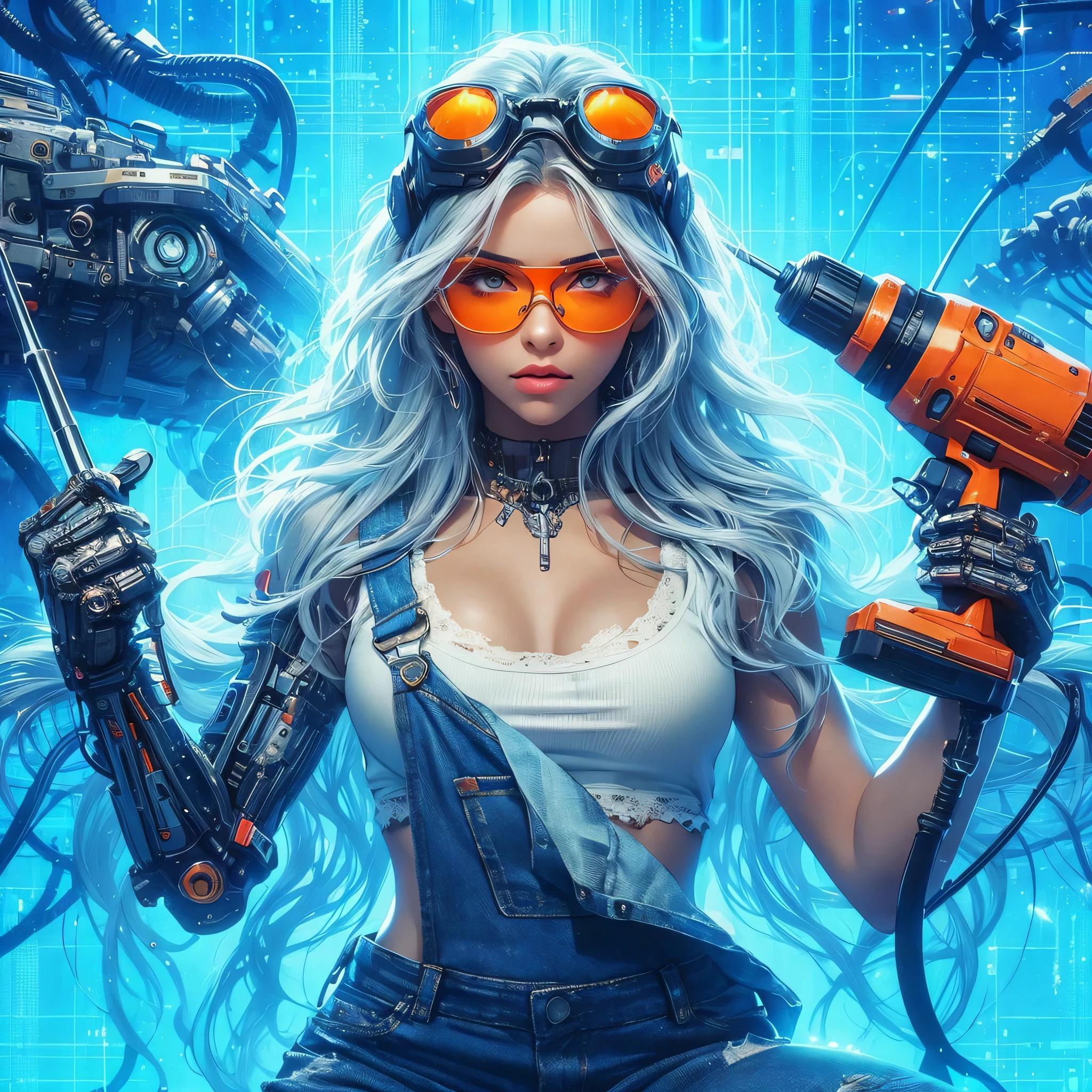 an animated picture of a pretty American girl with orange stylish glasses and white long hair wearing a white tank top with jean overalls, she is a mechanic in a sci-fi holographic world. show her with a mechanic tool angrily working on a giant robotic machine. blue sci-fi holographic background