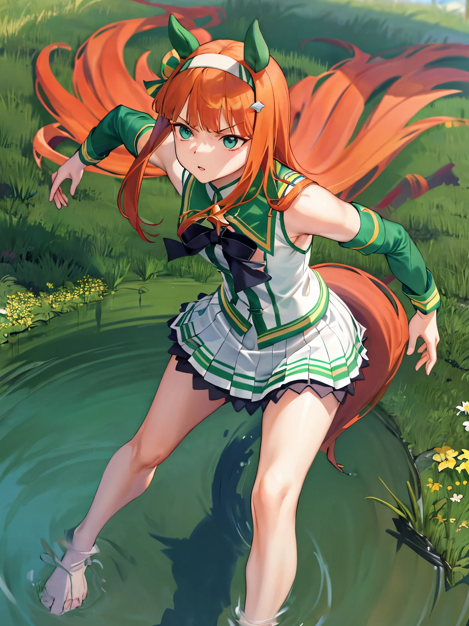 masterpiece, highest quality, full nude,running figure, Whole body wide angle, serious expression, silence suzuka \(umamusume\), white skirt, pleated skirt, (barefoot), ((((No sleeve)))), black bow, flowing grass,(sleeveless),