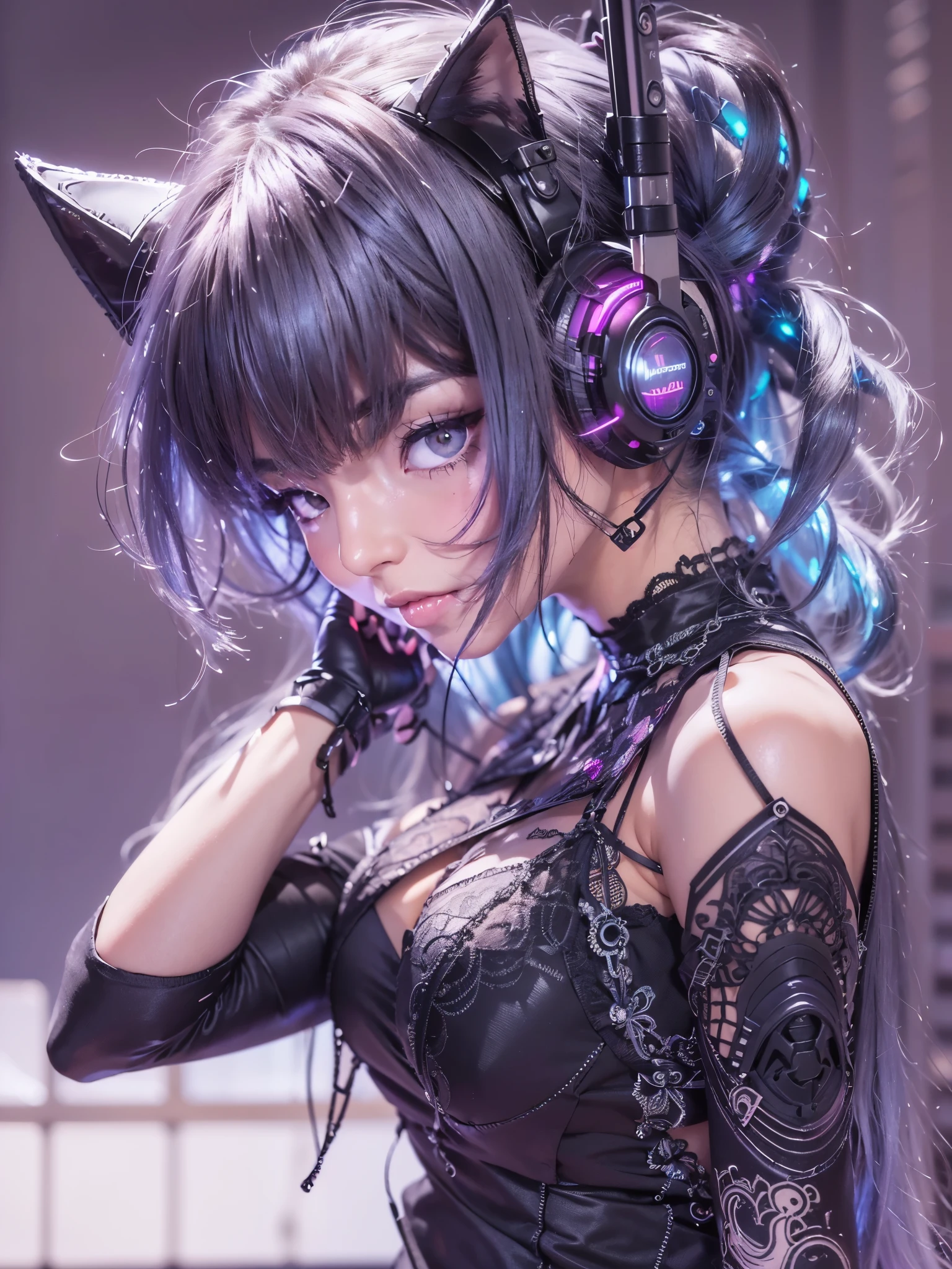 (masterpiece:1.3), (8K、photorealistic, Raw photo, best quality:1.4), (solo), ((A very beautiful Anglo-Saxon girlish girl)), (beautiful realistic face:1.2), (Symmetrical perfect face), ((美しくbright銀色のボブカットの髪型)), bangs, hair is messy, (intense purple eyes, strong eye highlights, realistic目, beautiful eyelashes), (wonderful smile:1.2), perfect body, perfect anatomy, glowing skin, (high detail skin: 1.2), dynamic angle, (black sleeveless dress, detailed embroidered dress, Black lace ornament, exposed shoulders, Finely crafted metal accessories, decorative choker, Long boots in black color),(black silk lace bra and panties), ((Silvery cat ears)), (Sleek, futuristic headphones), (Inspired by Shirow Masamune), accurate arm, five fingers, accurate legs, black metal ornaments, (Decadent and futuristic urban background in the evening), (cyberpunk background, gray tone), (Flashing blue and purple neon tubes), volume lighting, soft light, bright, Bright colors, realistic, highest quality, photo-realistic, upper body close-up