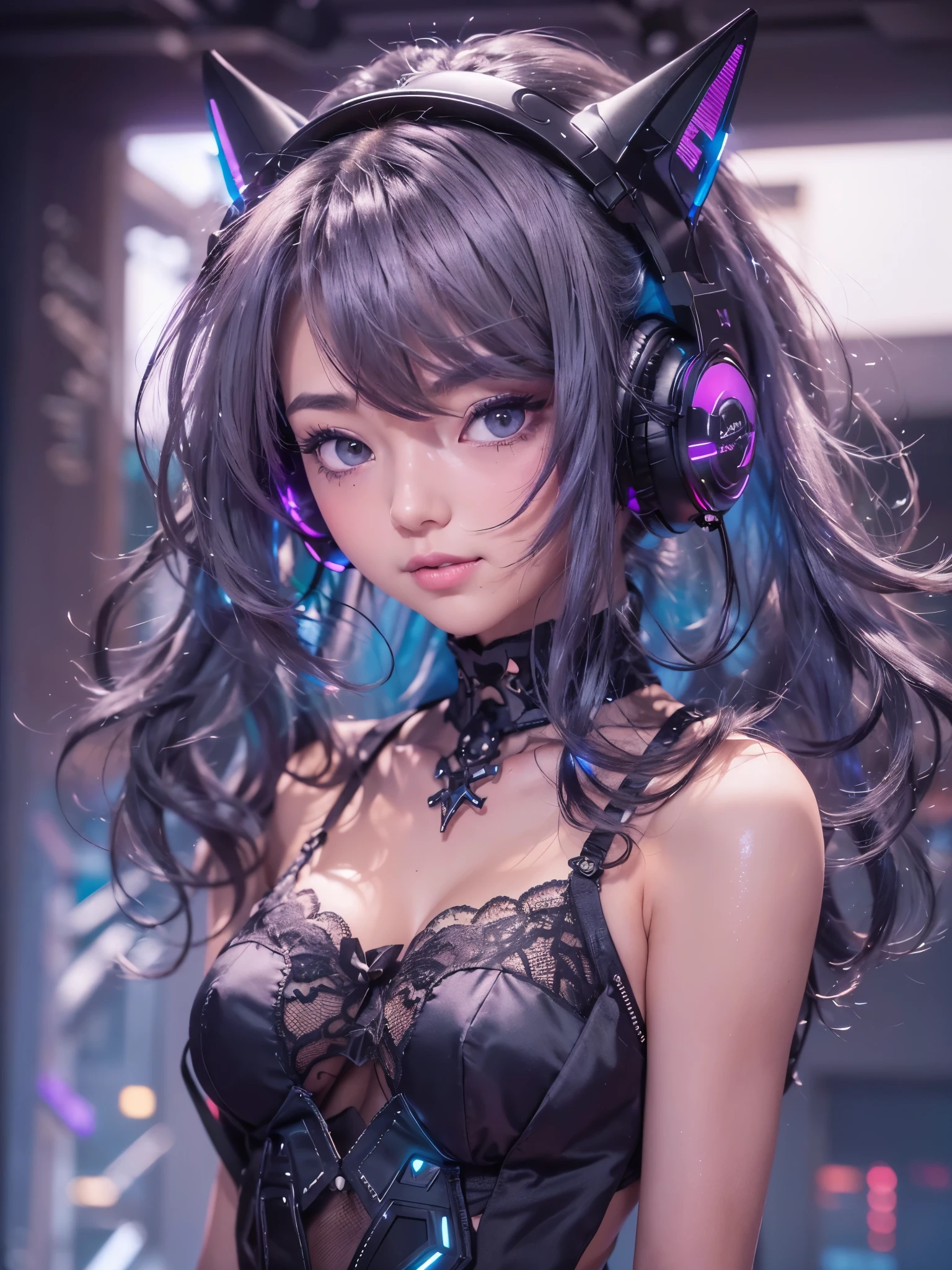 (masterpiece:1.3), (8K、photorealistic, Raw photo, best quality:1.4), (solo), ((A very beautiful Anglo-Saxon girlish girl)), (beautiful realistic face:1.2), (Symmetrical perfect face), ((美しくbright銀色のボブカットの髪型)), bangs, hair is messy, (intense purple eyes, strong eye highlights, realistic目, beautiful eyelashes), (wonderful smile:1.2), perfect body, perfect ???????, glowing skin, (high detail skin: 1.2), dynamic angle, (black sleeveless dress, detailed embroidered dress, Black lace ornament, exposed shoulders, Finely crafted metal accessories, decorative choker, Long boots in black color),(black silk lace bra and panties),  ((Silvery cat ears)), (Sleek, futuristic headphones), (Inspired by Shirow Masamune), accurate arm, five fingers, accurate legs, black metal ornaments, (Decadent and futuristic urban background in the evening), (cyberpunk background, gray tone), (Flashing blue and purple neon tubes), volume lighting, soft light, bright, Bright colors, realistic, highest quality, photo-realistic, upper body close-up