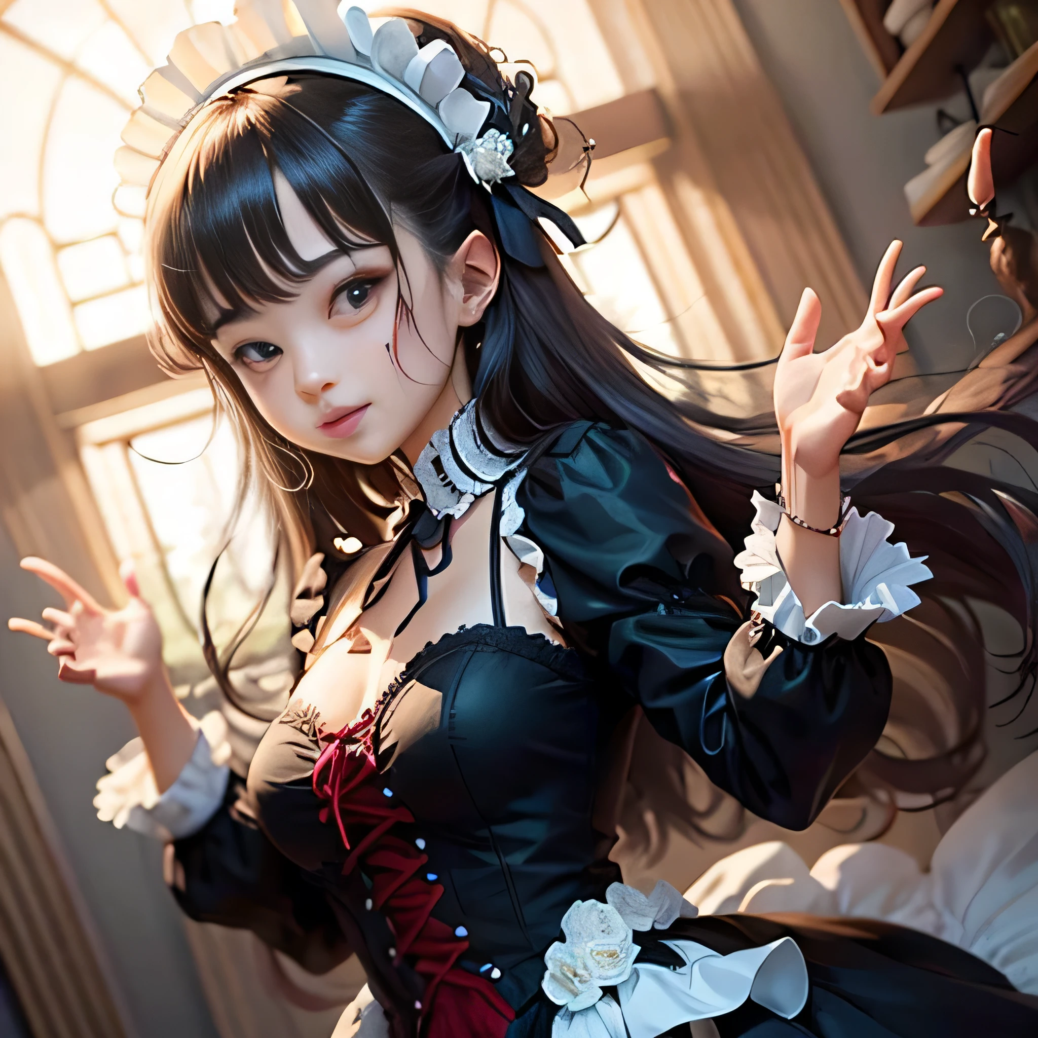 zombie,black hair anime girl,Bloodstained,smile,gothic lolita clothing、Hands raised