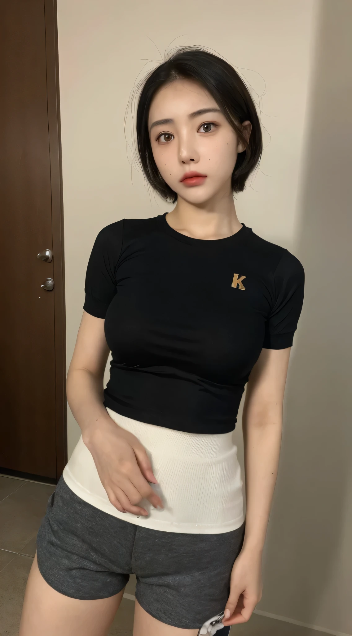 ((highest quality, 8k, masterpiece: 1.3)), (japanese cap: 1.3), concentrate: 1.2, perfect body beauty: 1.4, buttocks: 1.2, (layered haircut: 1.2)), indoor, dirty room, (dark street: 1.3), Highly detailed face and skin texture, fine eyes, double eyelid, whitened skin, long hair, (round face: 1.5), (short sleeve, shorts: 1.6), mole under left eye, big breasts, huge breasts, perfect abs, Perfect slim,