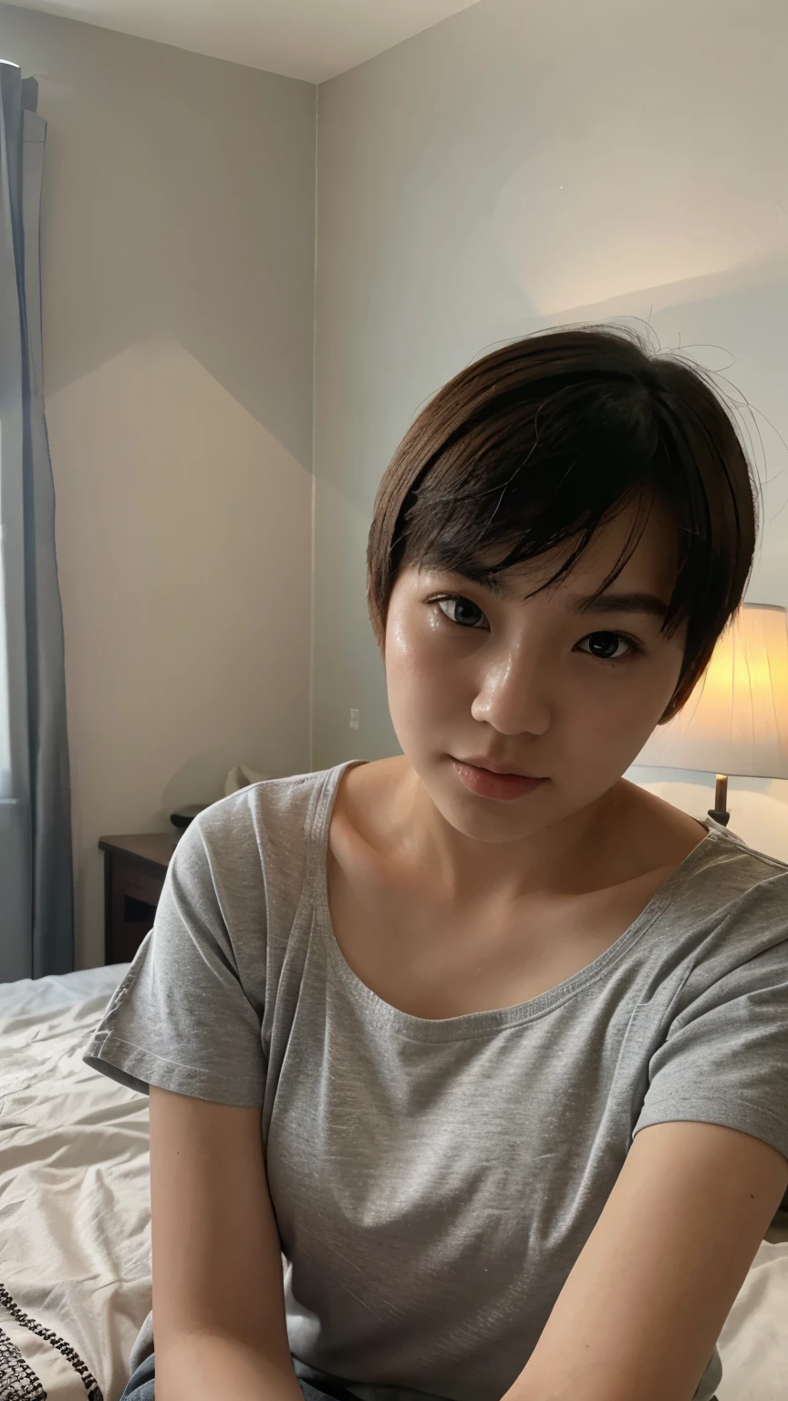 Chinese teen girl (17 years old) selfies, inside a room, night time ((best quality)), ((masterpiece)), (detailed), perfect face, ((white bed with gray walls, lamp turn off))((short hair, chubby face, asian, Chinese girl)) close up selfie