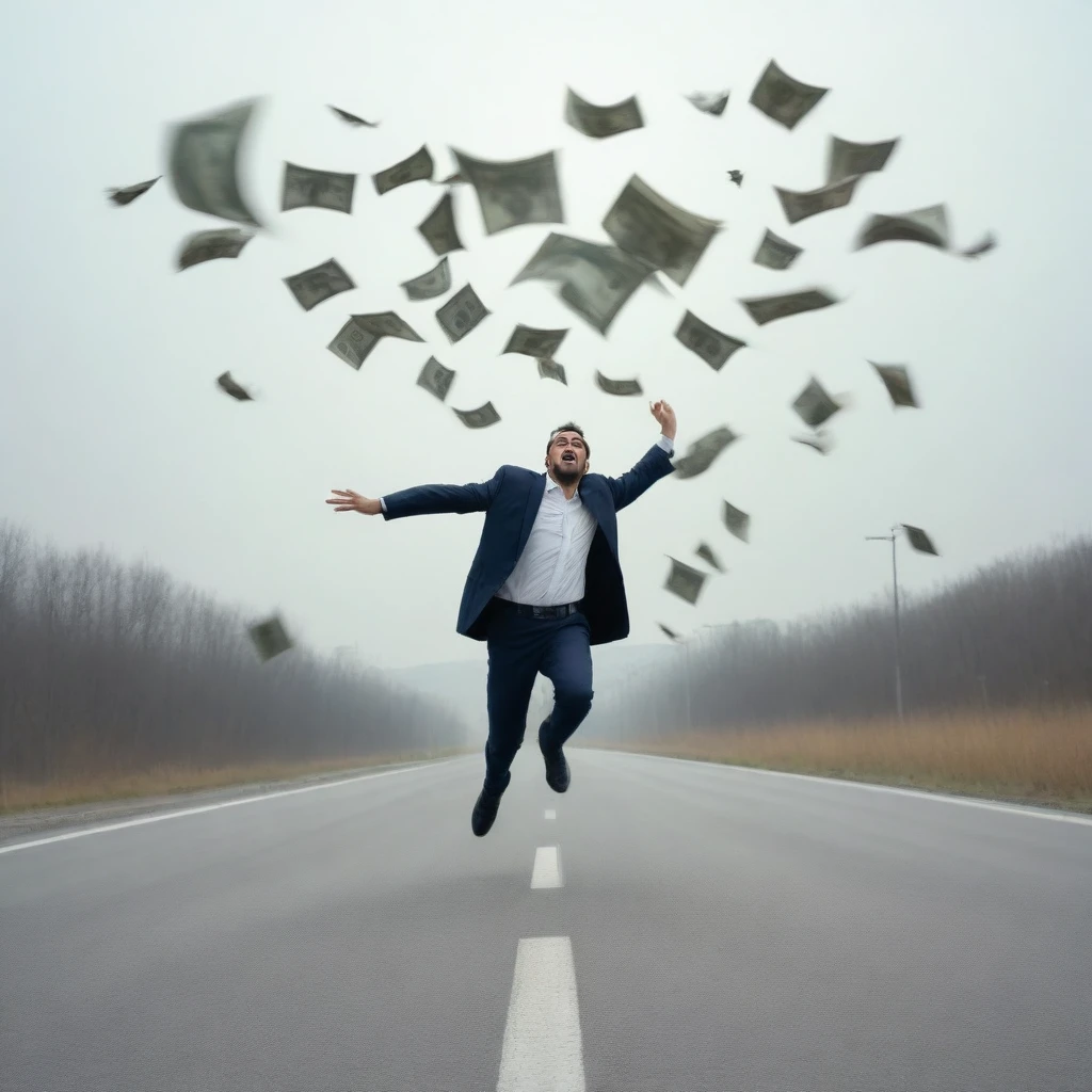 A businessman man runs along a concrete highway and tries to catch banknotes flying in a flock in front and on top of a man, behind a man the symbol of his business is a factory, the factory begins to collapse