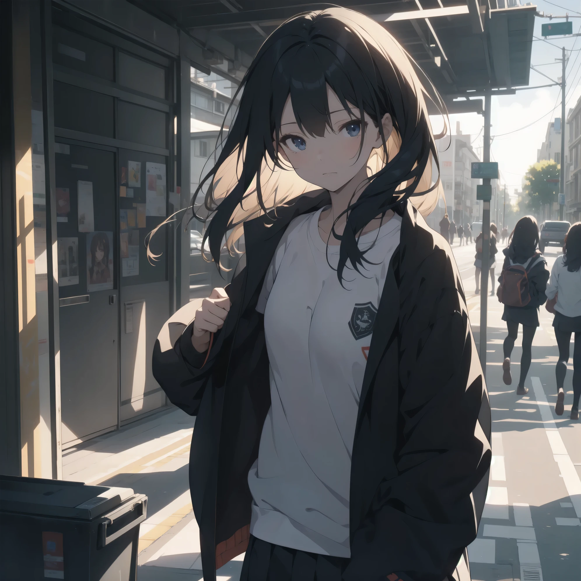 Anime girl with long black hair walking down a street - SeaArt AI