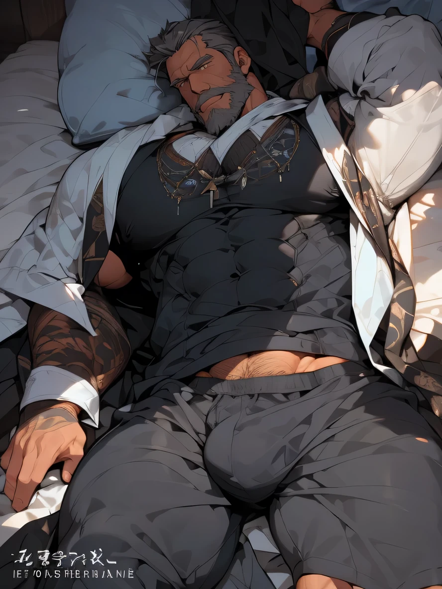 Muscular, burly man, The noble Duke,gray hair, A strapping man of 70, still strong,strong chest hair,lie in bed,In his tight black vest and white cape, he fell asleep,Drunk, sexy pose,Sexy beard,Extremely large crotch,He spread his legs,Extreme detail,serious face