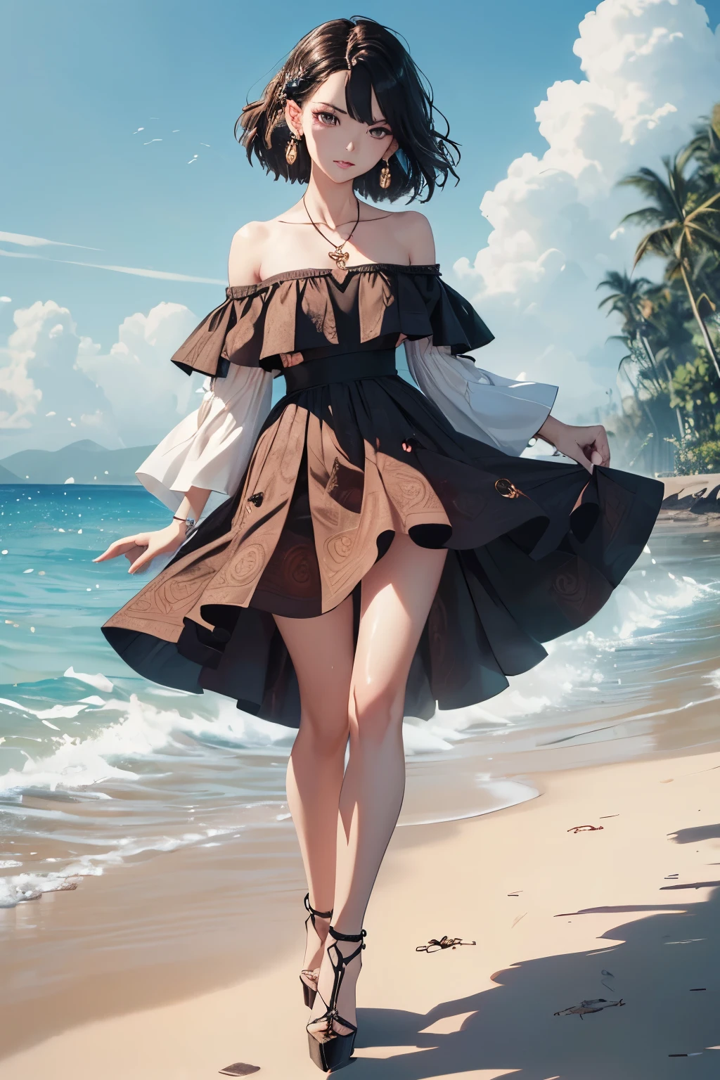 ((Biologically correct number of limbs))、((natural finger shape))、((full body shot, Full body photo including face、head to toe photo))、standing position、[NSFW]、4K、masterpiece、((focus on the face))、((Symmetrical facial features))、Eyes of minute description、Beautiful woman、outstanding style、beautiful clavicle、beautiful legs、slender body、(small ass、thin thighs）、(high heels）、Detailed depiction of faces、small earrings、necklace、(upper body off shoulder、Patterned skirt）、Splashing on the beach