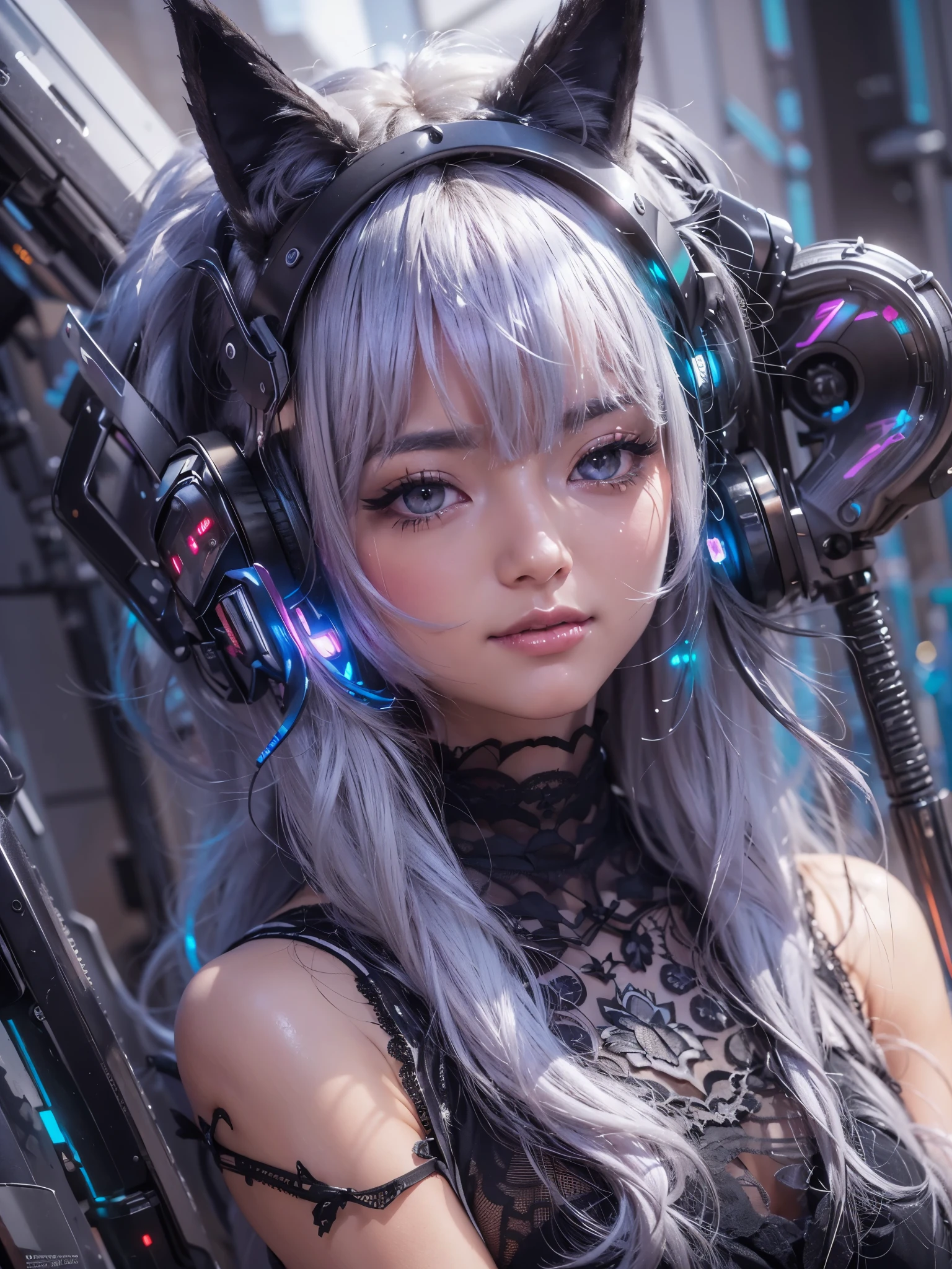 (masterpiece:1.3), (8K、photorealistic, Raw photo, best quality:1.4), (solo), ((A very beautiful Anglo-Saxon girlish girl)), (beautiful realistic face:1.2), (Symmetrical perfect face), ((美しくbright銀色のボブカットの髪型)), bangs, hair is messy, (intense purple eyes, strong eye highlights, realistic目, beautiful eyelashes), (wonderful smile:1.2), (Big and beautiful breasts), perfect body, perfect anatomy, glowing skin, (high detail skin: 1.2), dynamic angle, (black sleeveless dress, detailed embroidered dress, Black lace ornament, exposed shoulders, Finely crafted metal accessories, decorative choker, Long boots in black color),(black silk lace bra and panties), ((Silvery cat ears)), (Sleek, futuristic headphones), (Inspired by Shirow Masamune), accurate arm, five fingers, accurate legs, black metal ornaments, (Decadent and futuristic urban background in the evening), (cyberpunk background, gray tone), (Flashing blue and purple neon tubes), volume lighting, soft light, bright, Bright colors, realistic, highest quality, photo-realistic, upper body close-up